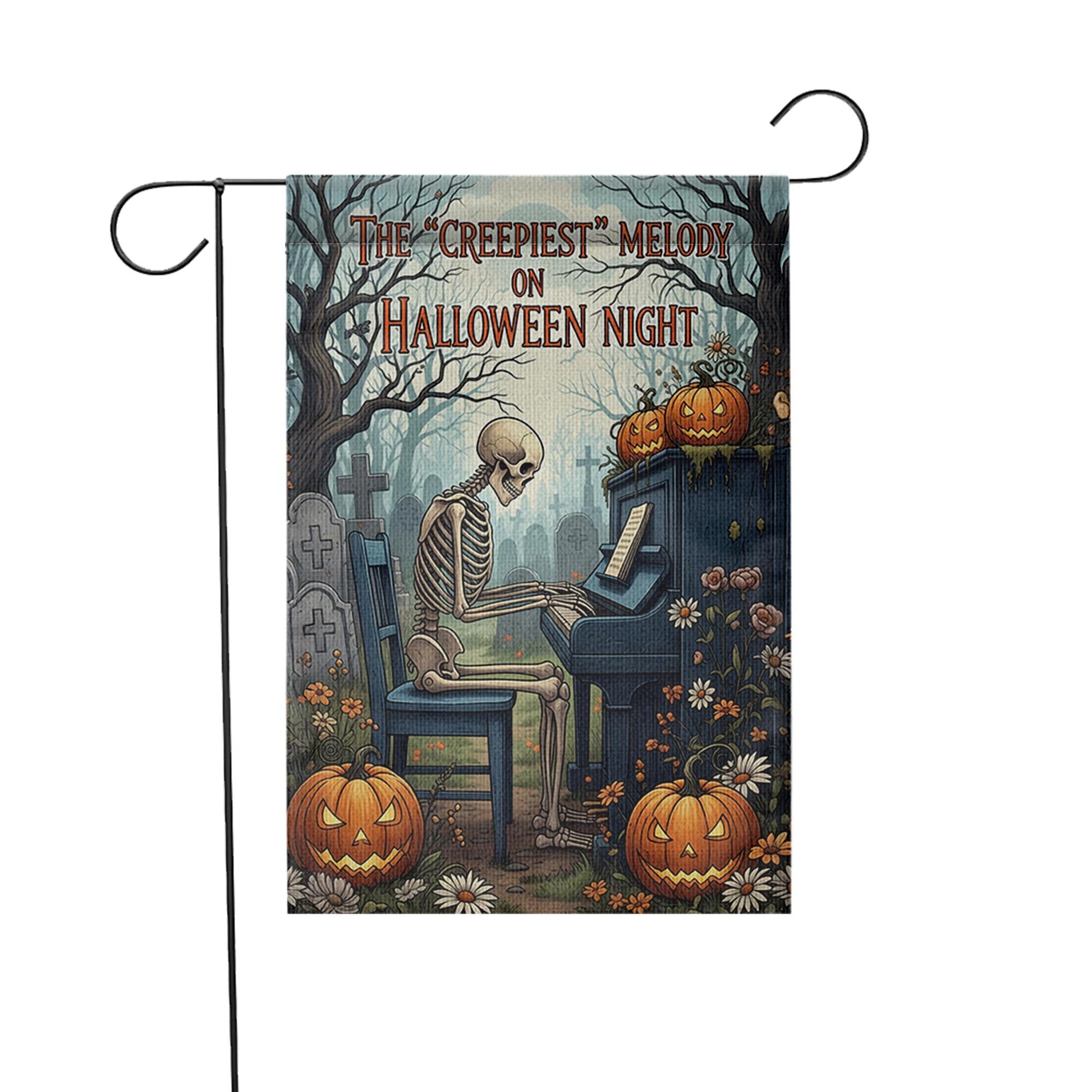 Creepiest Melody Garden Flag, Skeleton Playing Piano, Halloween Night Decor, Spooky Yard Art, Gothic Outdoor Banner, Unique Holiday Gift