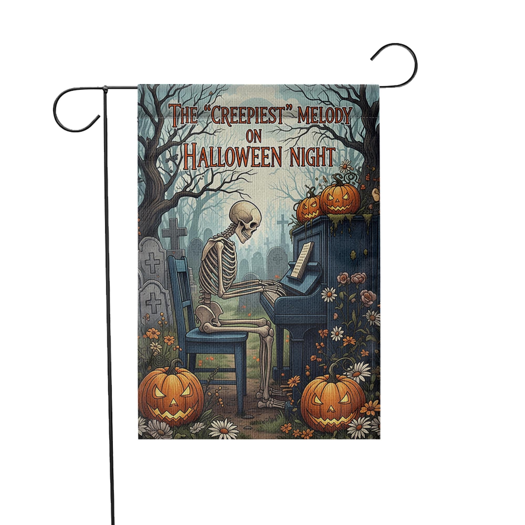 Creepiest Melody Garden Flag, Skeleton Playing Piano, Halloween Night Decor, Spooky Yard Art, Gothic Outdoor Banner, Unique Holiday Gift