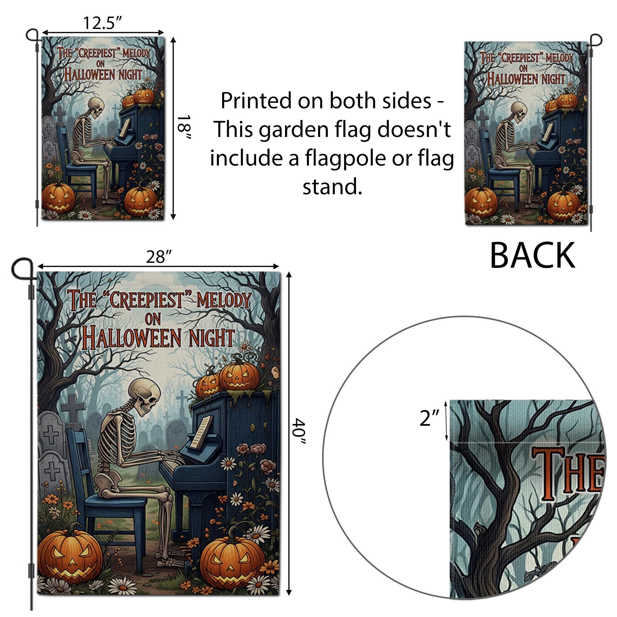 Creepiest Melody Garden Flag, Skeleton Playing Piano, Halloween Night Decor, Spooky Yard Art, Gothic Outdoor Banner, Unique Holiday Gift