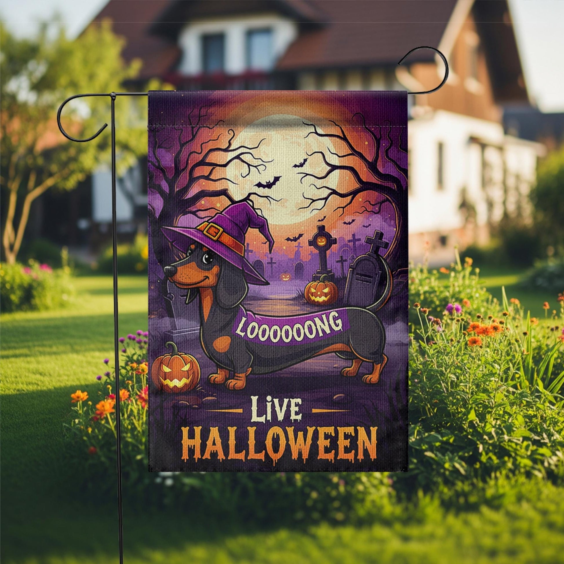 Halloween Dachshund Garden Flag, Long Dog Witch Yard Decor, Funny Wiener Dog Outdoor Banner, Spooky Fall Porch Decoration