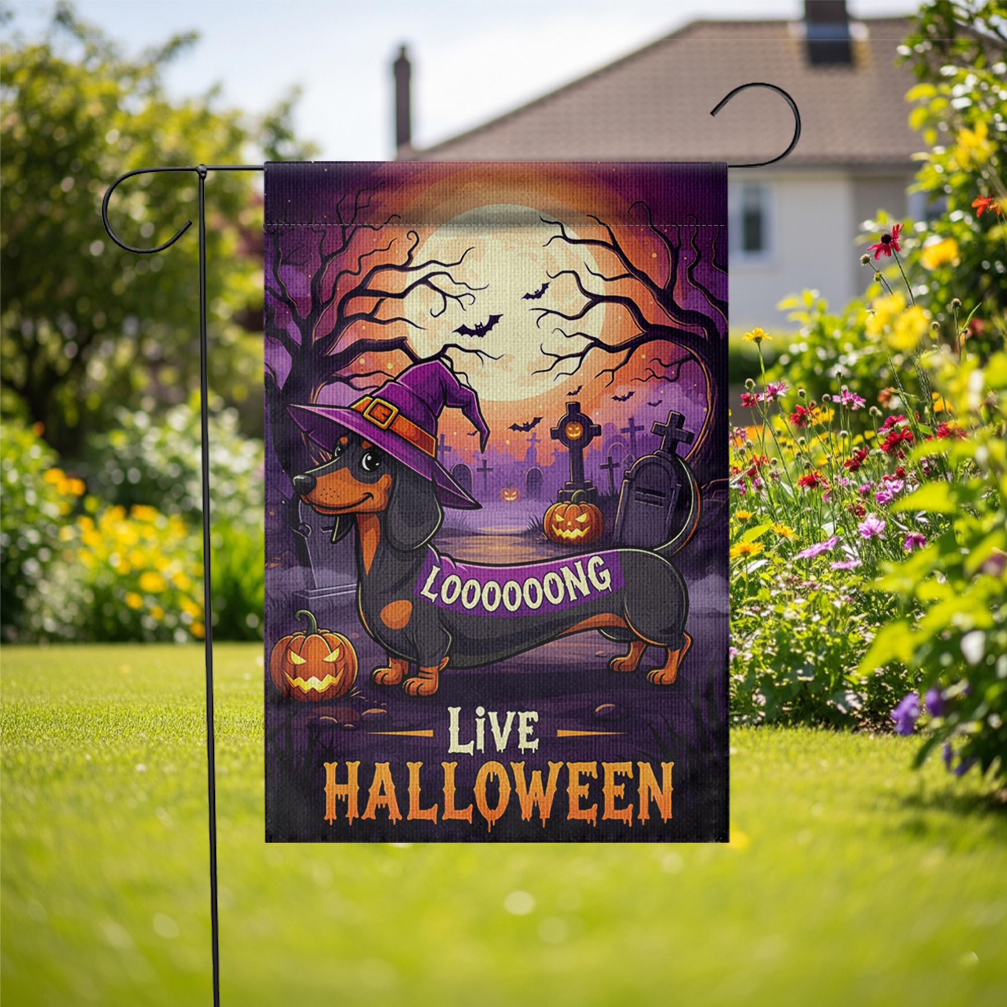 Halloween Dachshund Garden Flag, Long Dog Witch Yard Decor, Funny Wiener Dog Outdoor Banner, Spooky Fall Porch Decoration