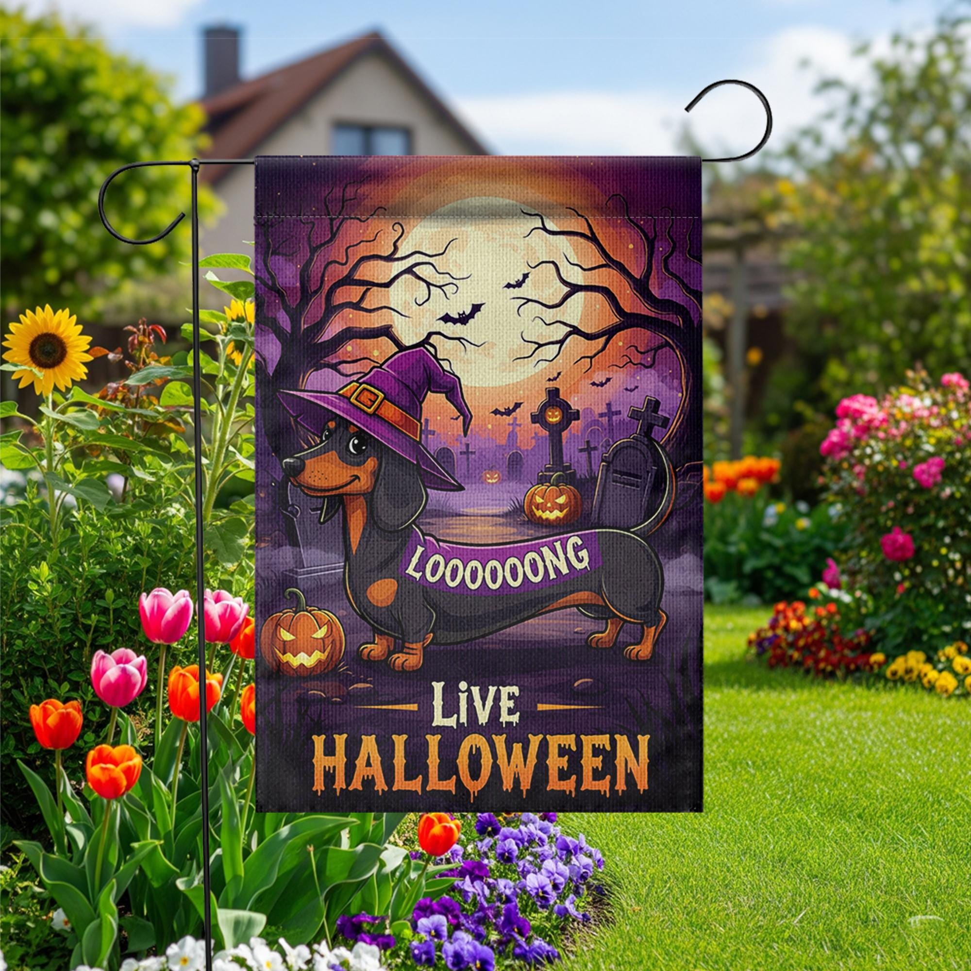 Halloween Dachshund Garden Flag, Long Dog Witch Yard Decor, Funny Wiener Dog Outdoor Banner, Spooky Fall Porch Decoration
