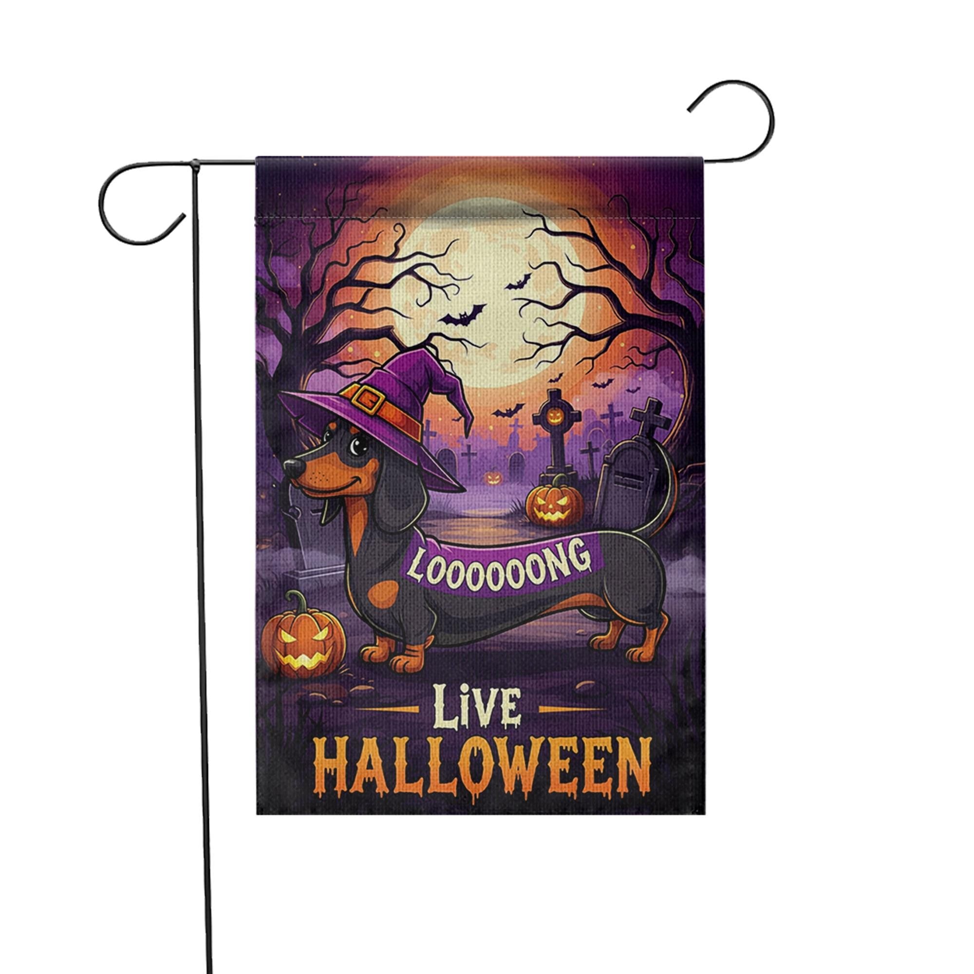 Halloween Dachshund Garden Flag, Long Dog Witch Yard Decor, Funny Wiener Dog Outdoor Banner, Spooky Fall Porch Decoration