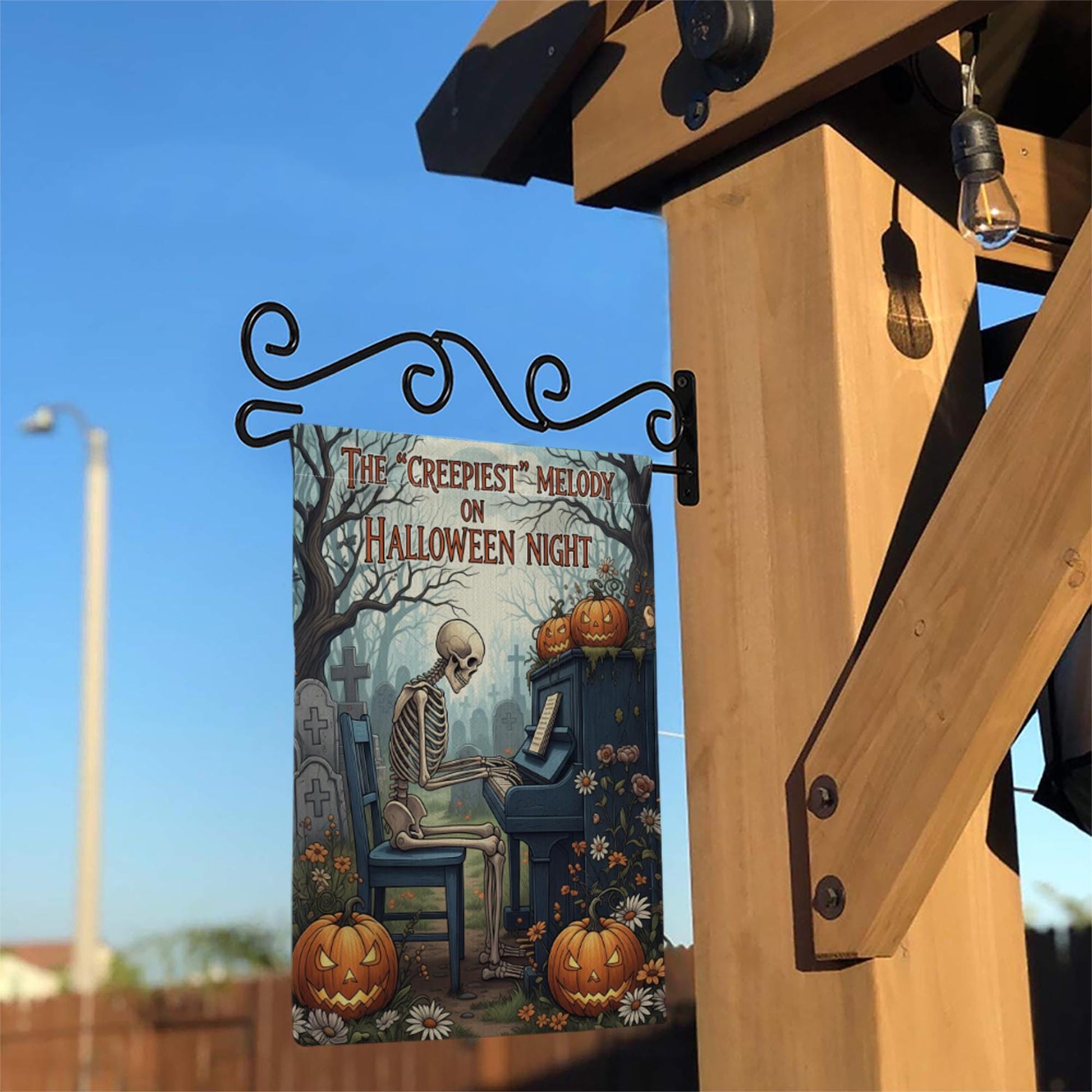Creepiest Melody Garden Flag, Skeleton Playing Piano, Halloween Night Decor, Spooky Yard Art, Gothic Outdoor Banner, Unique Holiday Gift