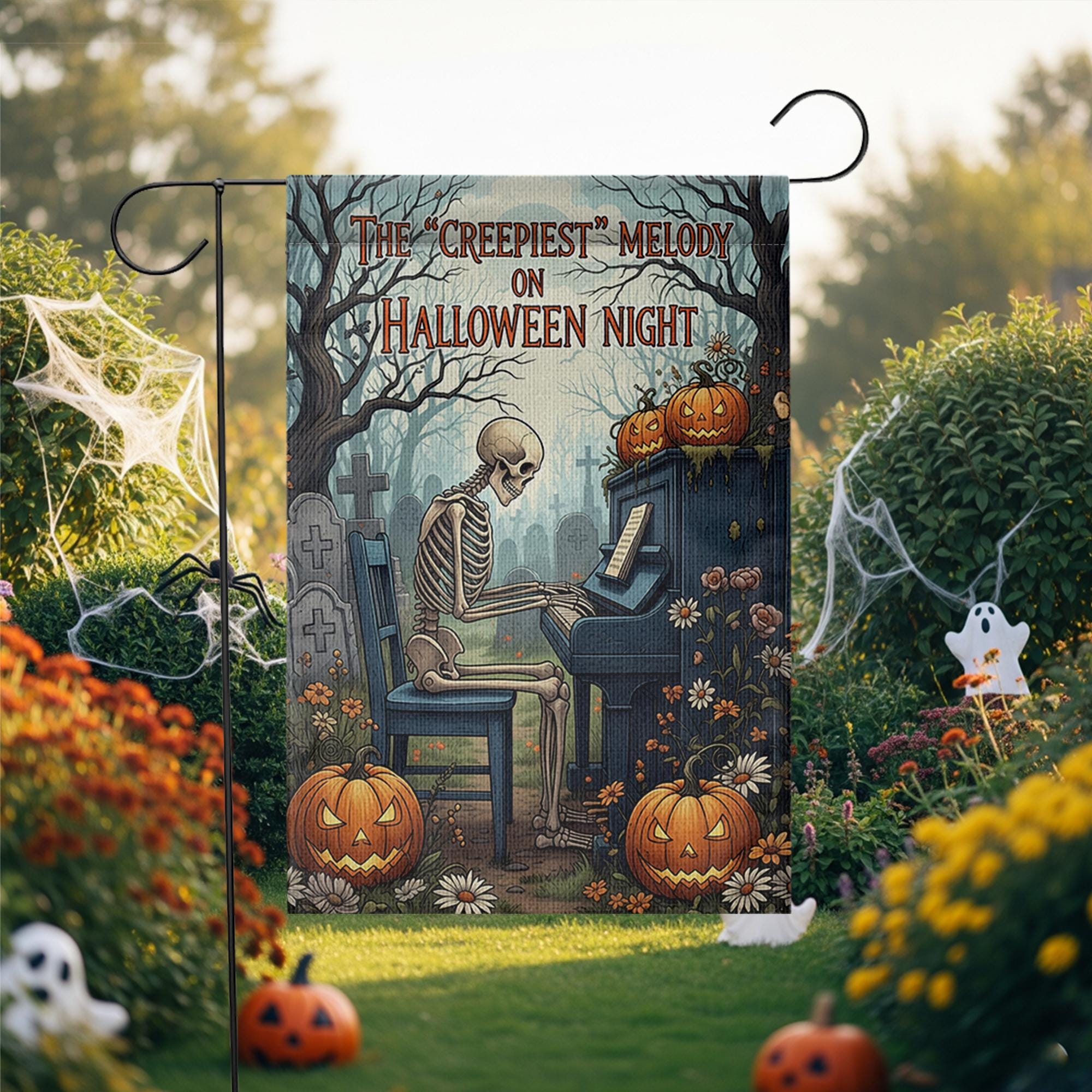 Creepiest Melody Garden Flag, Skeleton Playing Piano, Halloween Night Decor, Spooky Yard Art, Gothic Outdoor Banner, Unique Holiday Gift