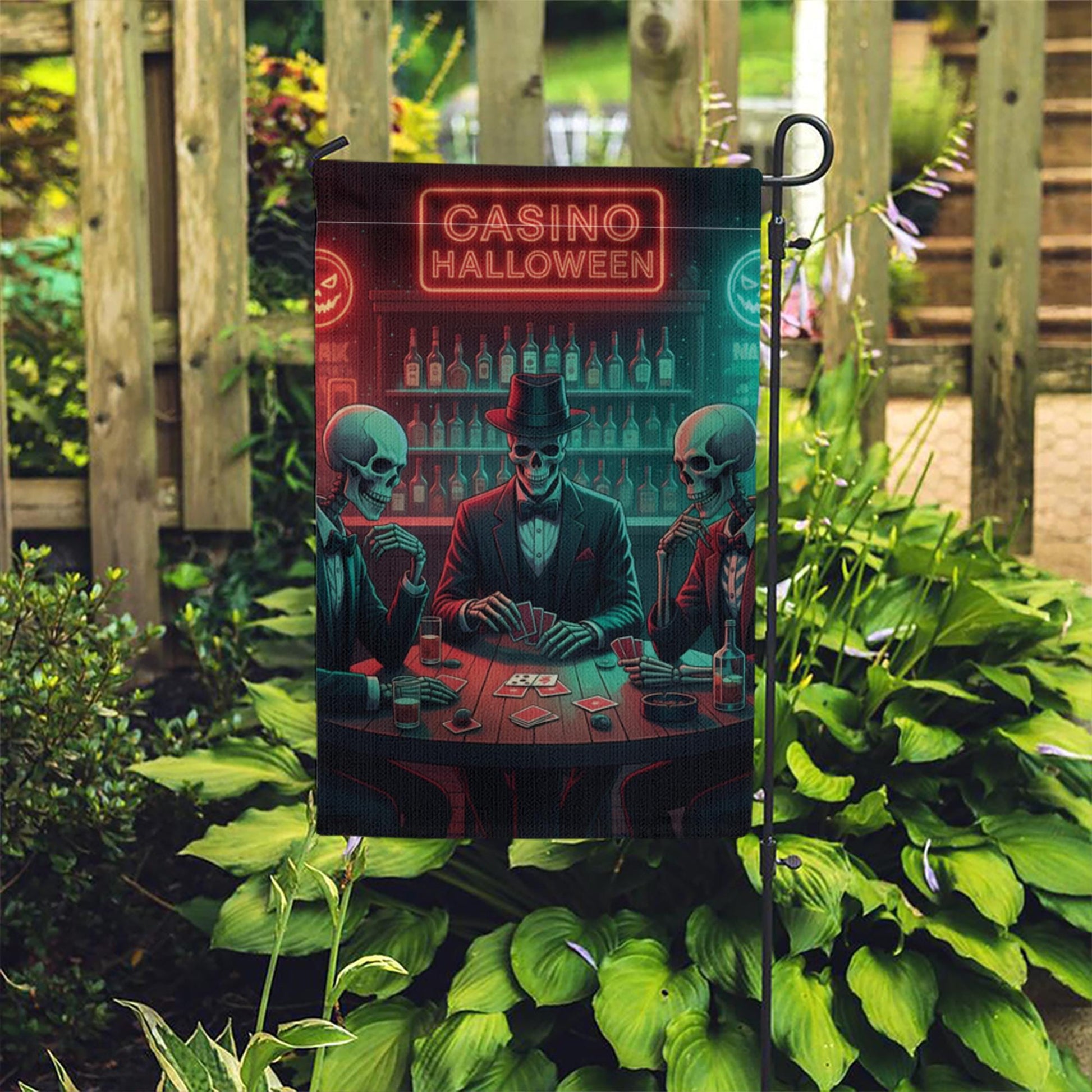 Casino Halloween Garden Flag, Poker Skeleton Decor, Spooky Bar Flag, Unique Outdoor Banner, Halloween Party Decor, Gothic Yard Art