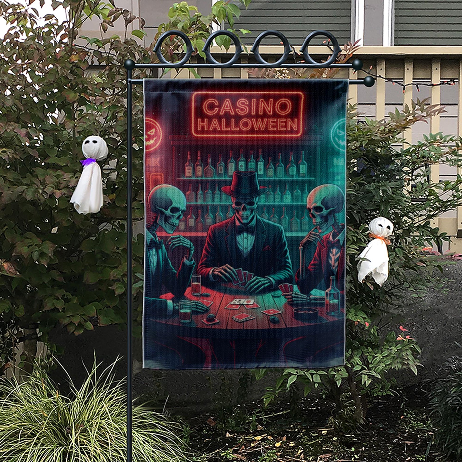 Casino Halloween Garden Flag, Poker Skeleton Decor, Spooky Bar Flag, Unique Outdoor Banner, Halloween Party Decor, Gothic Yard Art
