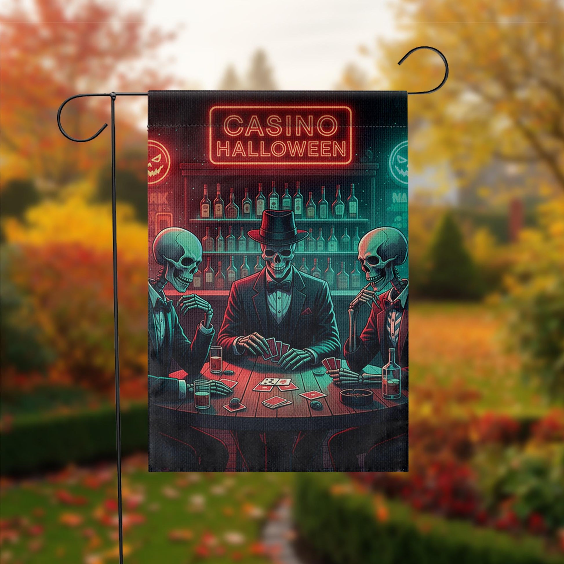 Casino Halloween Garden Flag, Poker Skeleton Decor, Spooky Bar Flag, Unique Outdoor Banner, Halloween Party Decor, Gothic Yard Art