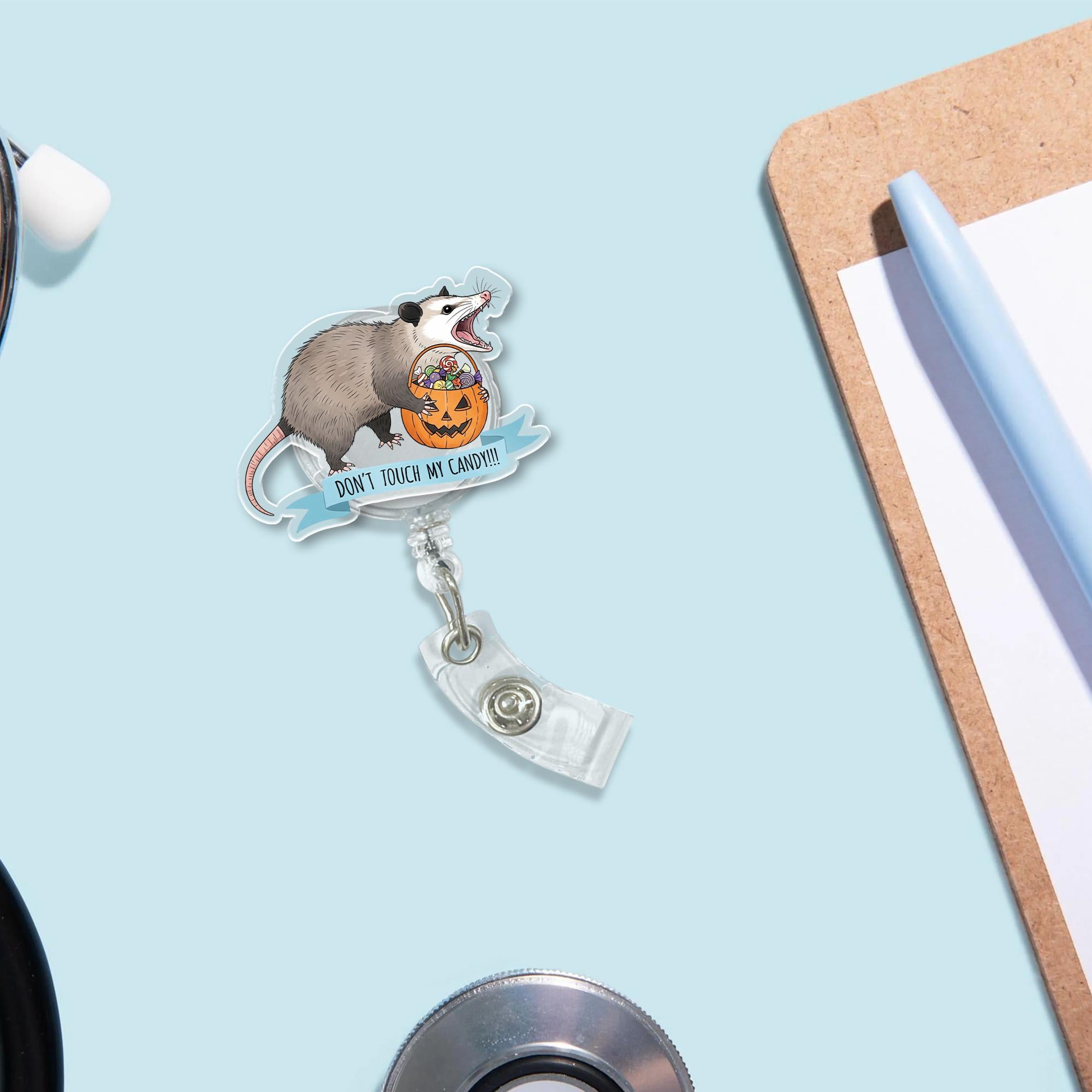 Funny Halloween Opossum Badge Reel - "Don't Touch My Candy" ID Holder - Cute Retractable Clip for Nurses, Teachers, Vet Techs
