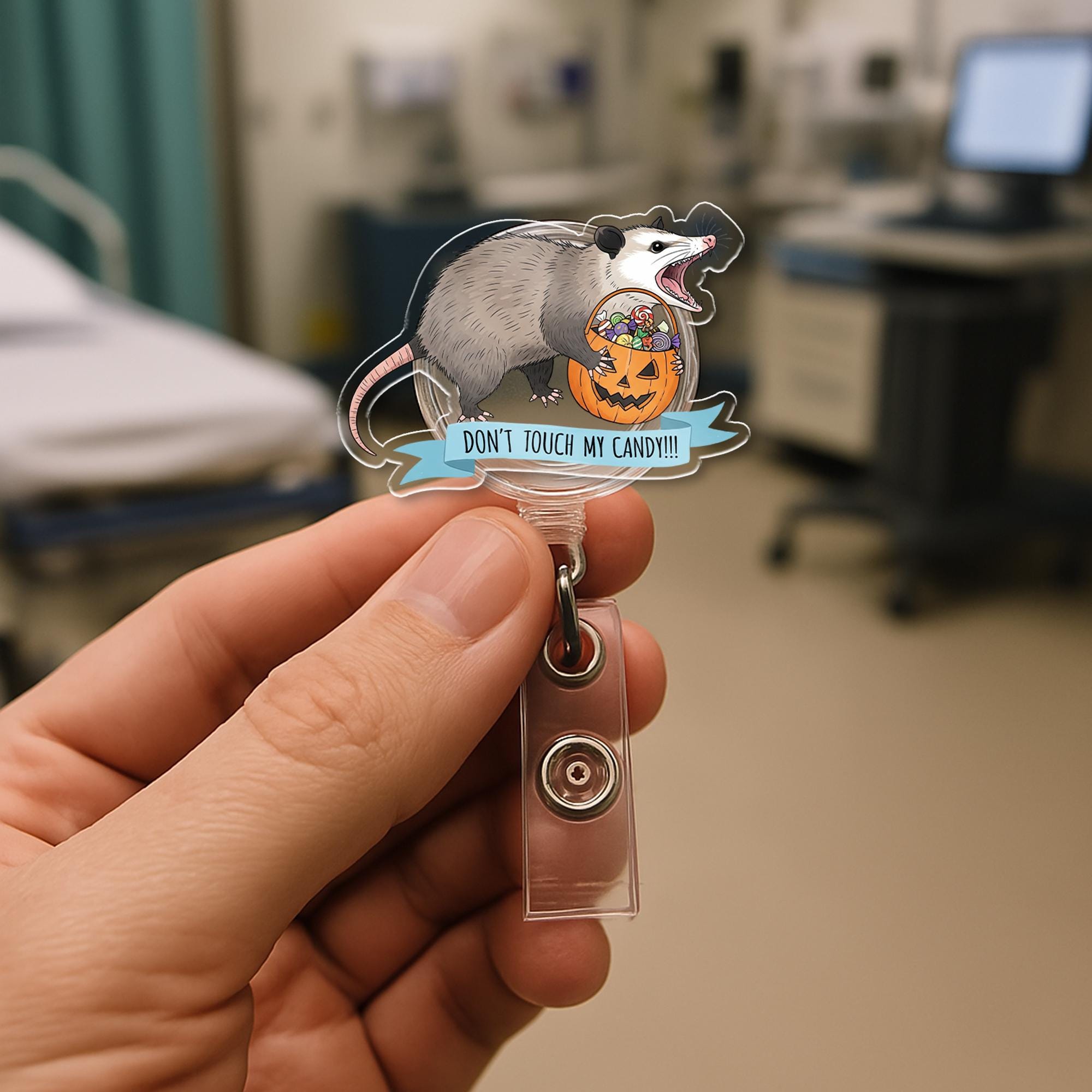 Funny Halloween Opossum Badge Reel - "Don't Touch My Candy" ID Holder - Cute Retractable Clip for Nurses, Teachers, Vet Techs