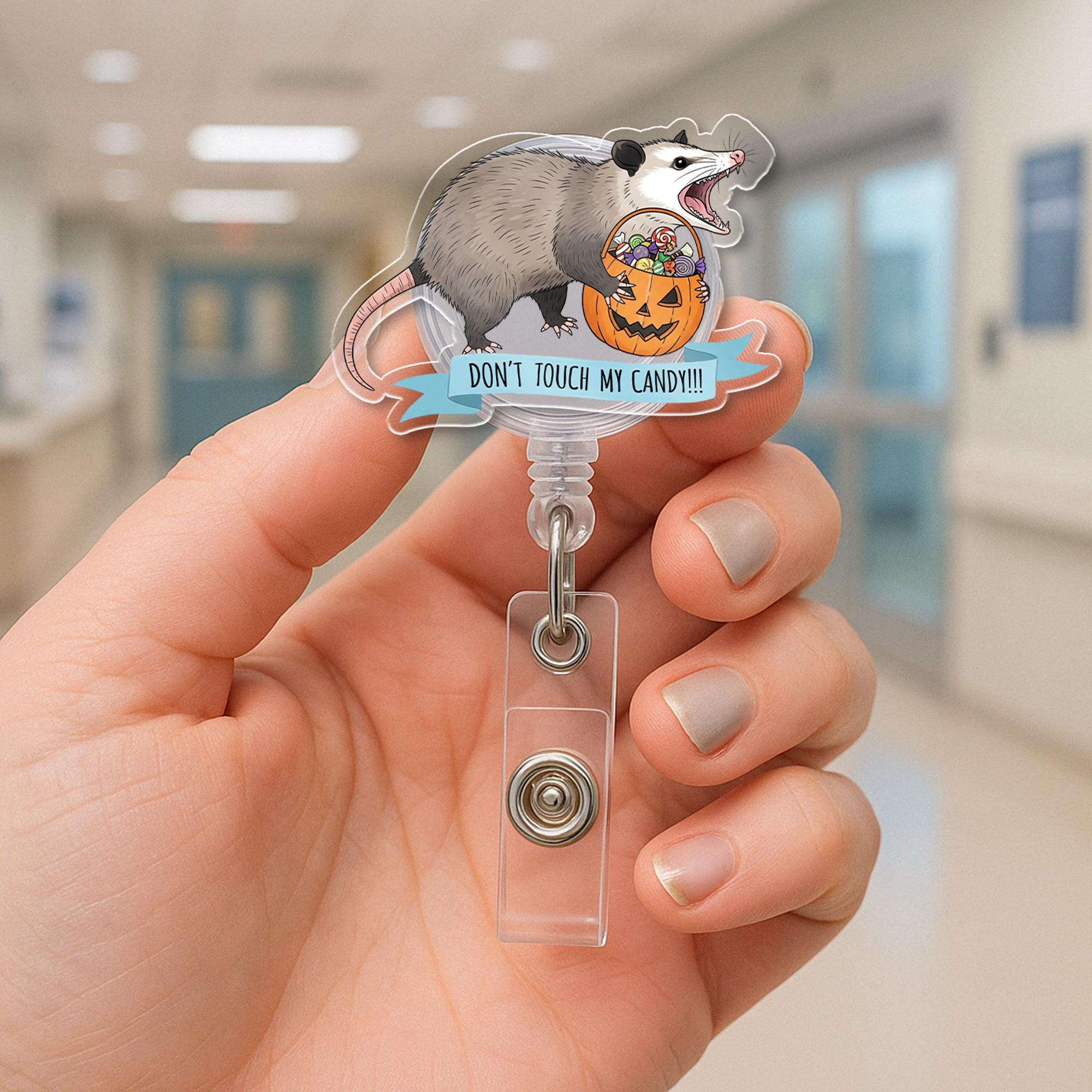 Funny Halloween Opossum Badge Reel - "Don't Touch My Candy" ID Holder - Cute Retractable Clip for Nurses, Teachers, Vet Techs