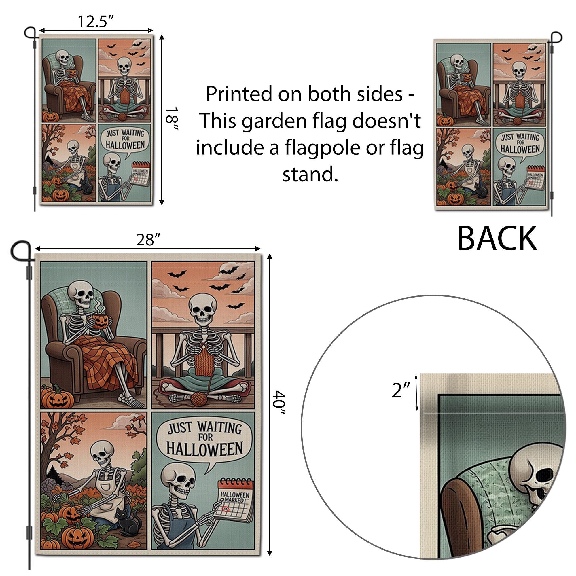Funny Skeleton Halloween Garden Flag, Just Waiting for Halloween Yard Decor, Cute Skeleton Comic Banner, Autumn Outdoor Flag