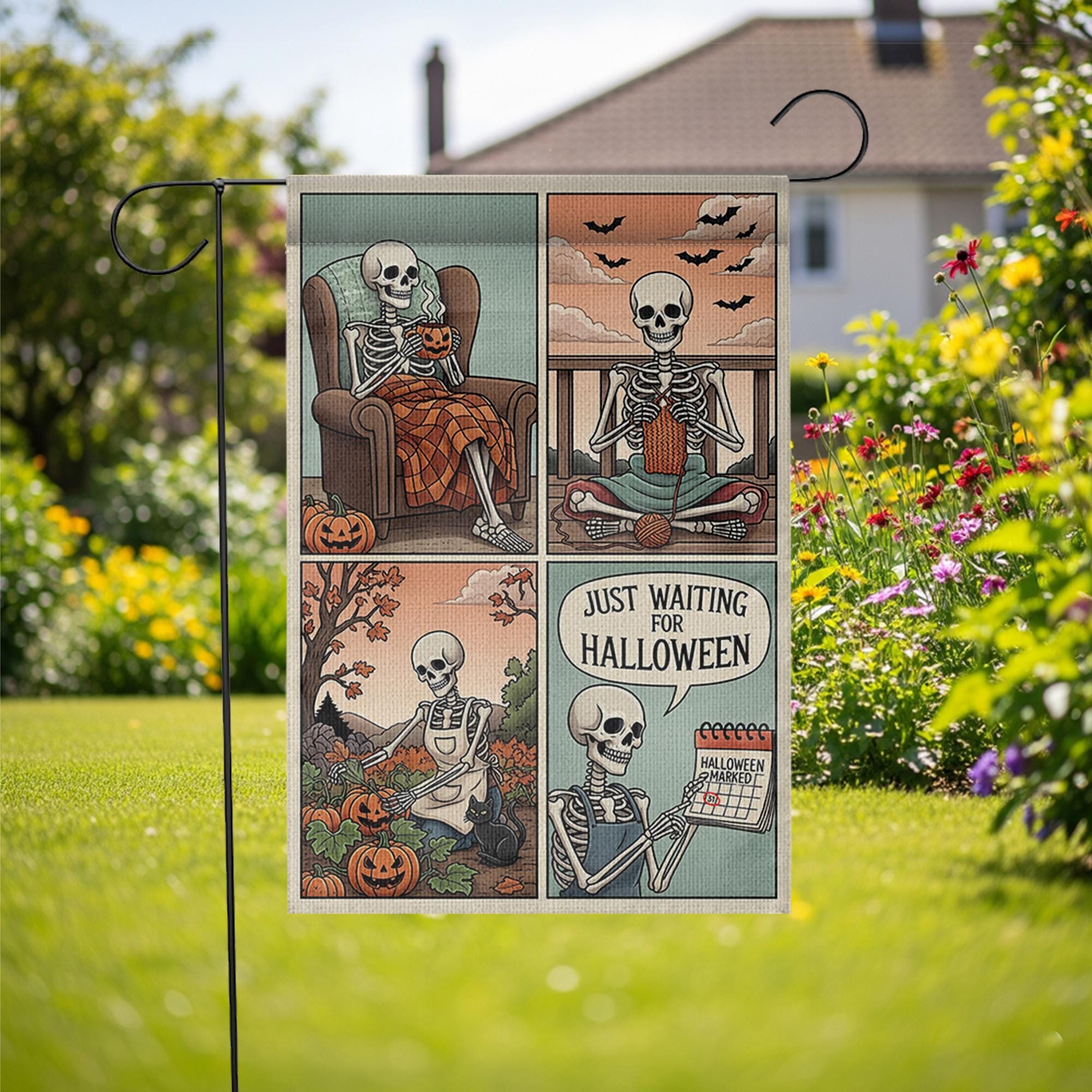 Funny Skeleton Halloween Garden Flag, Just Waiting for Halloween Yard Decor, Cute Skeleton Comic Banner, Autumn Outdoor Flag