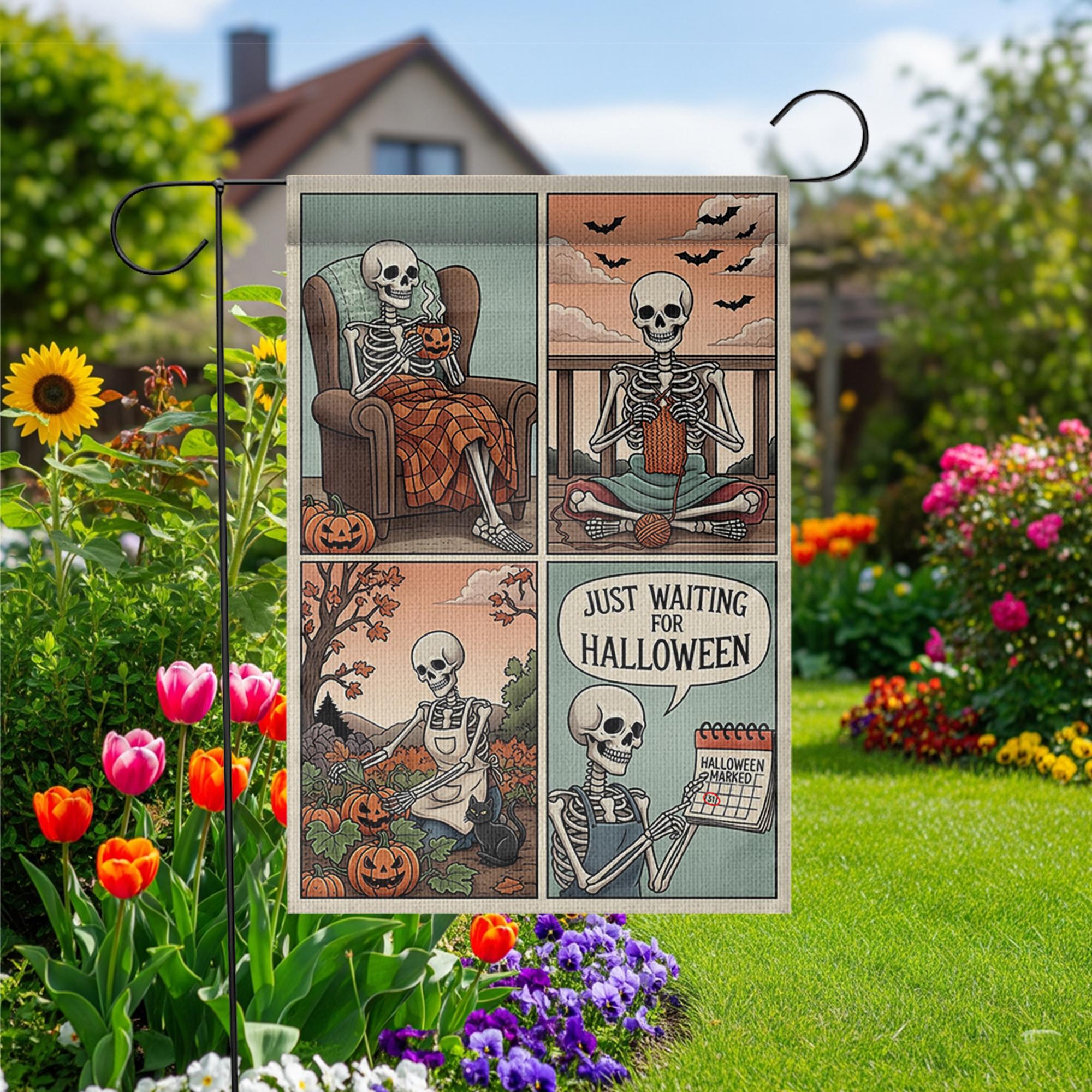 Funny Skeleton Halloween Garden Flag, Just Waiting for Halloween Yard Decor, Cute Skeleton Comic Banner, Autumn Outdoor Flag