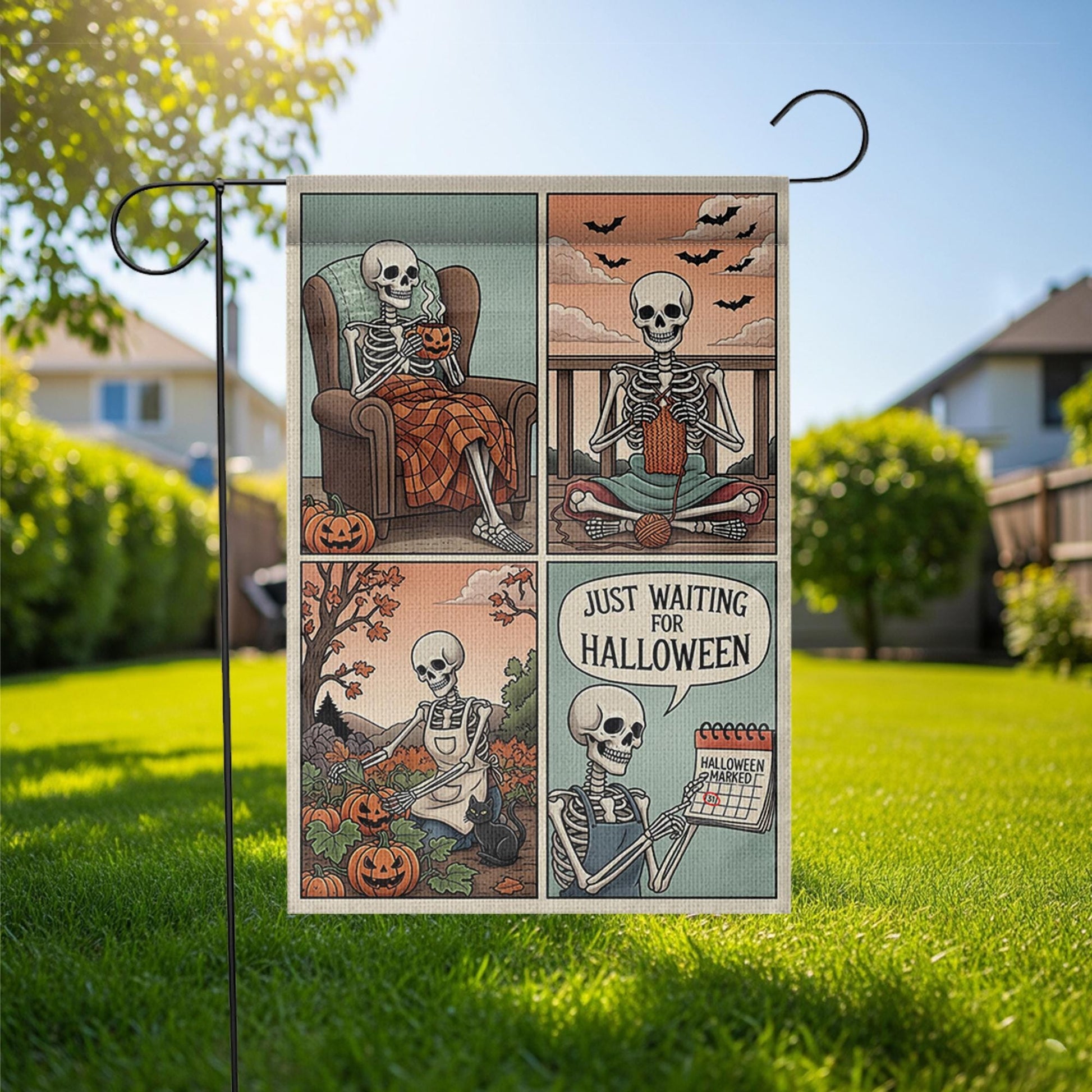 Funny Skeleton Halloween Garden Flag, Just Waiting for Halloween Yard Decor, Cute Skeleton Comic Banner, Autumn Outdoor Flag