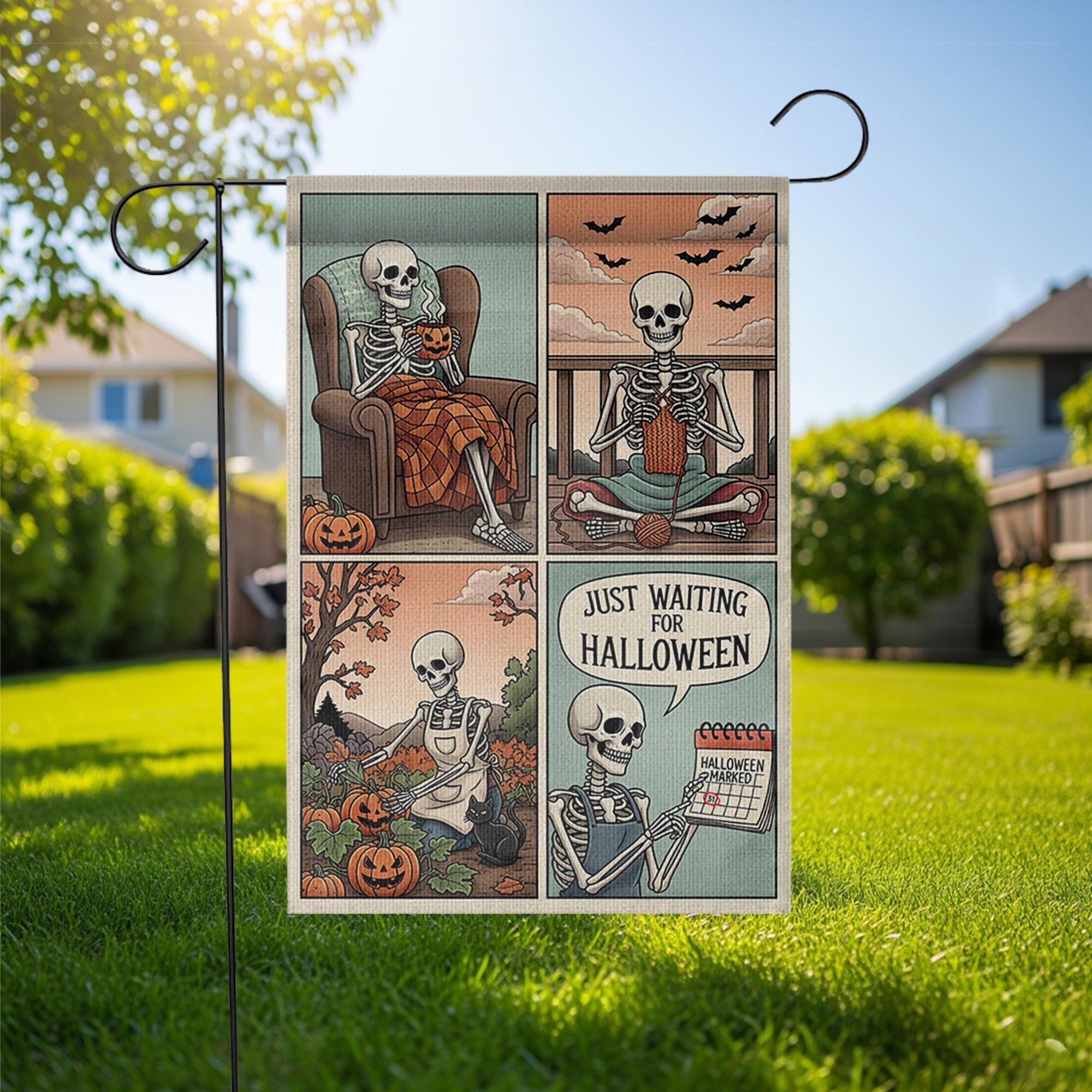 Funny Skeleton Halloween Garden Flag, Just Waiting for Halloween Yard Decor, Cute Skeleton Comic Banner, Autumn Outdoor Flag