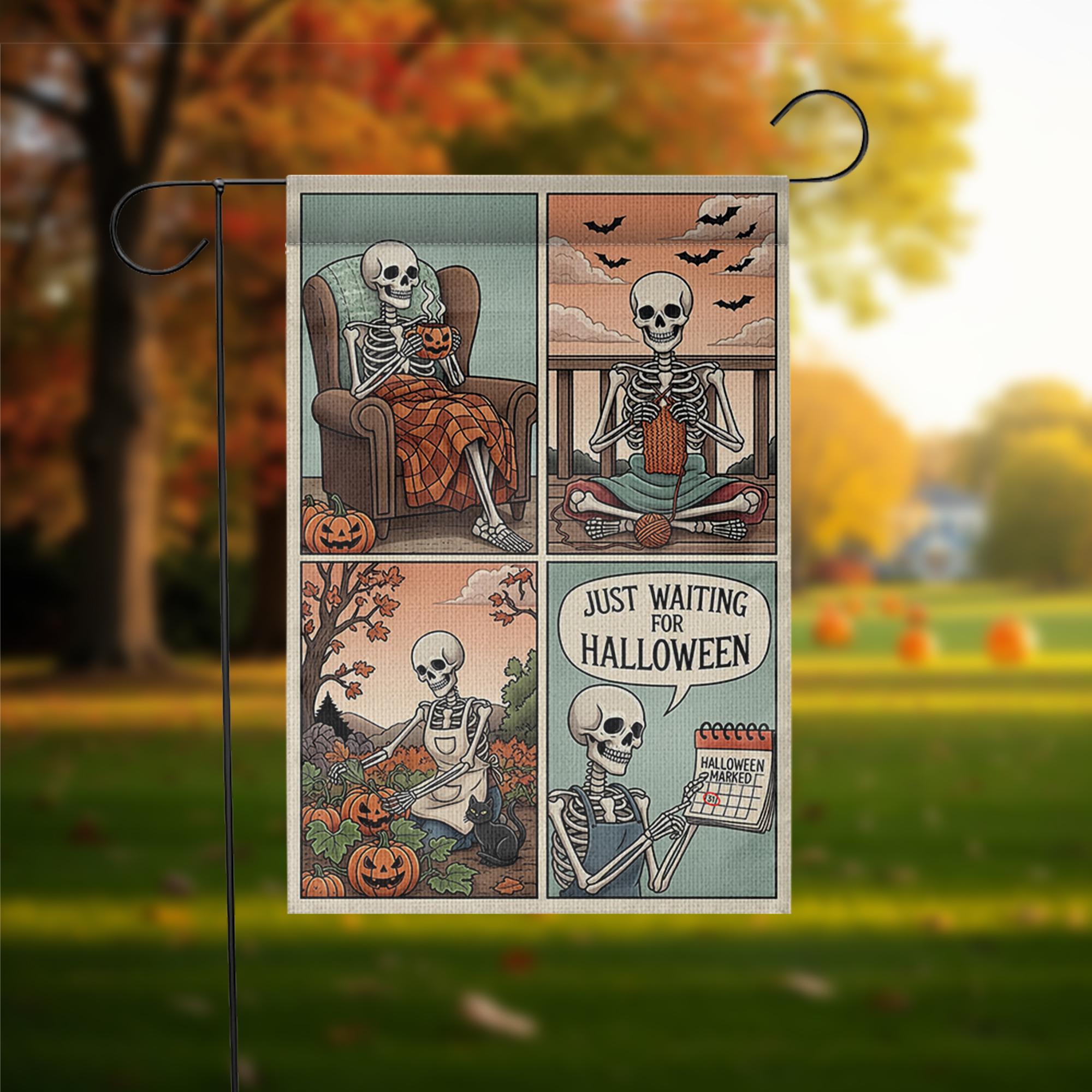 Funny Skeleton Halloween Garden Flag, Just Waiting for Halloween Yard Decor, Cute Skeleton Comic Banner, Autumn Outdoor Flag