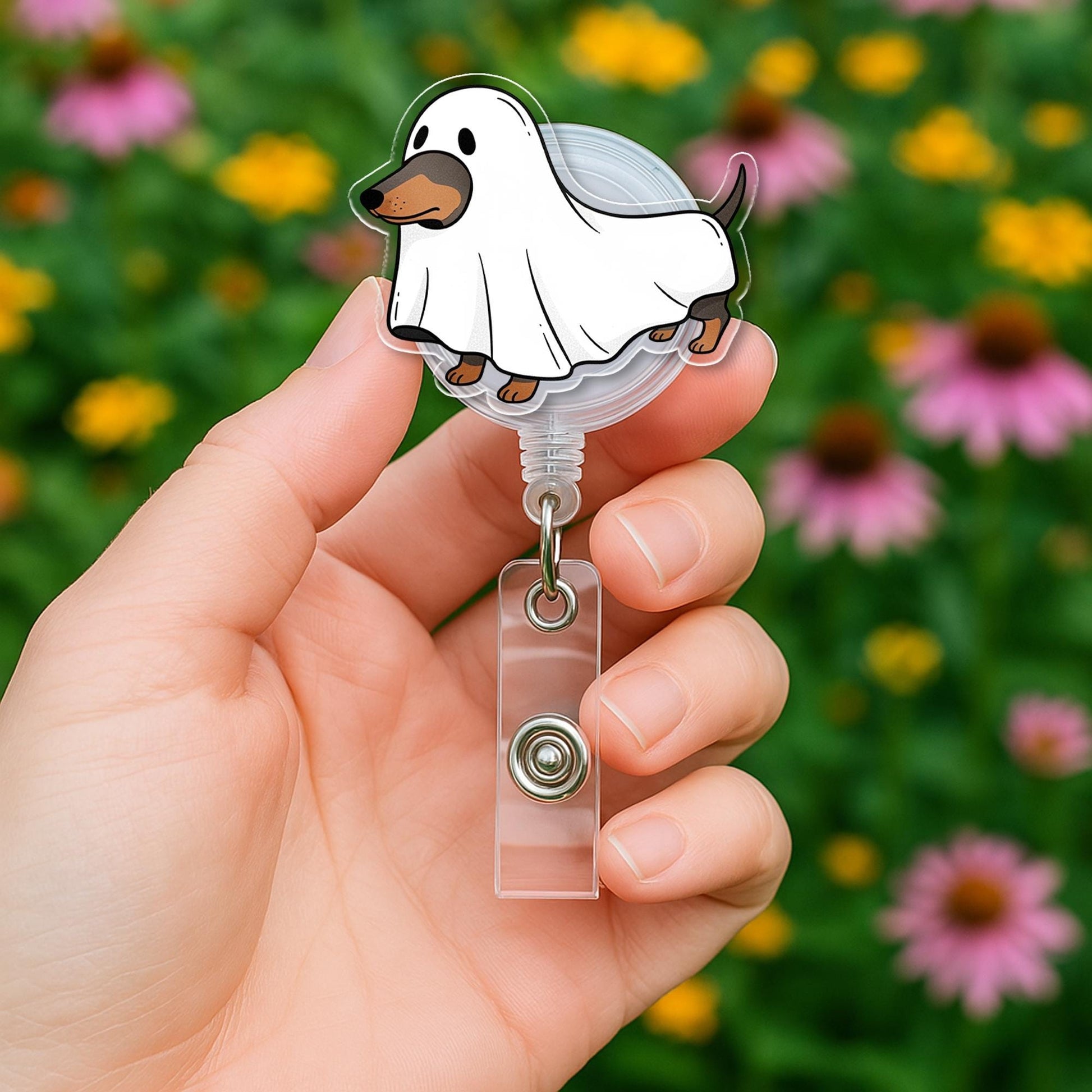 Ghost Dog Halloween Badge Reel - Cute Dachshund ID Holder for Nurses, Vet Techs, Teachers - Spooky Retractable Badge Clip Gift