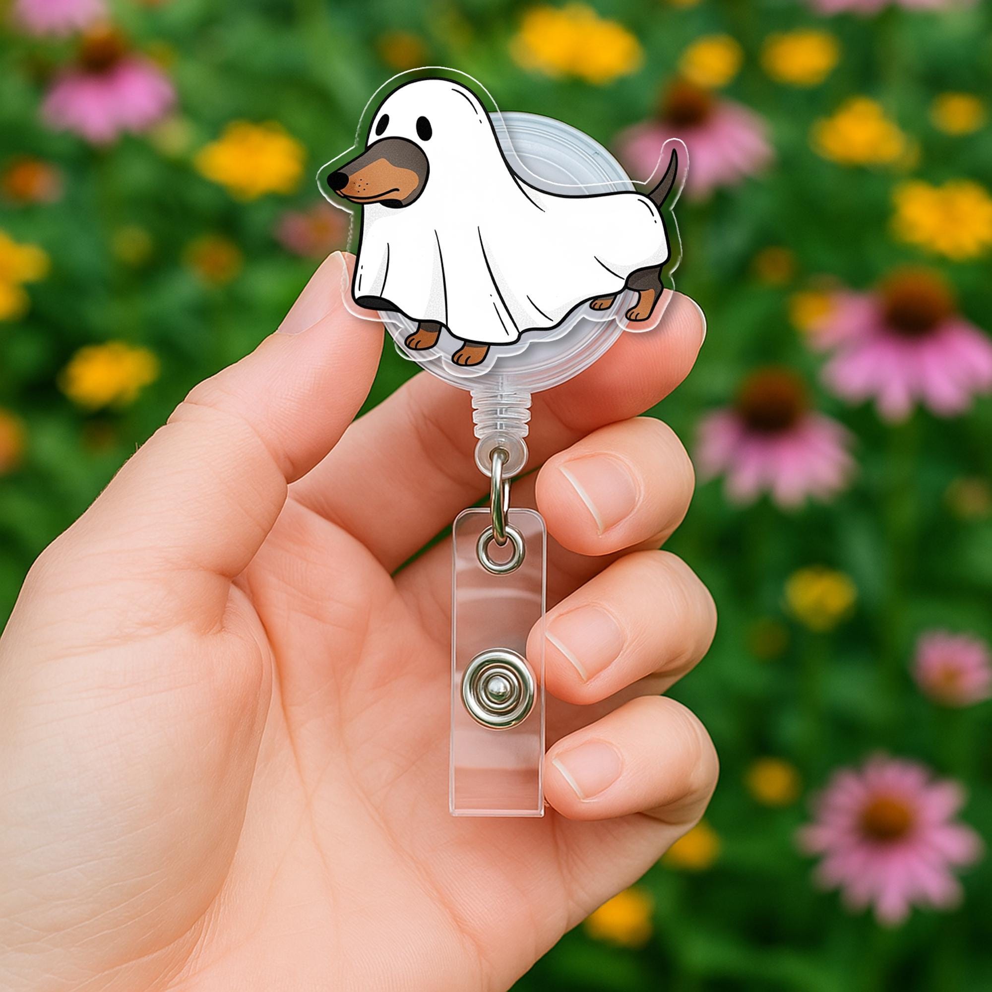 Ghost Dog Halloween Badge Reel - Cute Dachshund ID Holder for Nurses, Vet Techs, Teachers - Spooky Retractable Badge Clip Gift