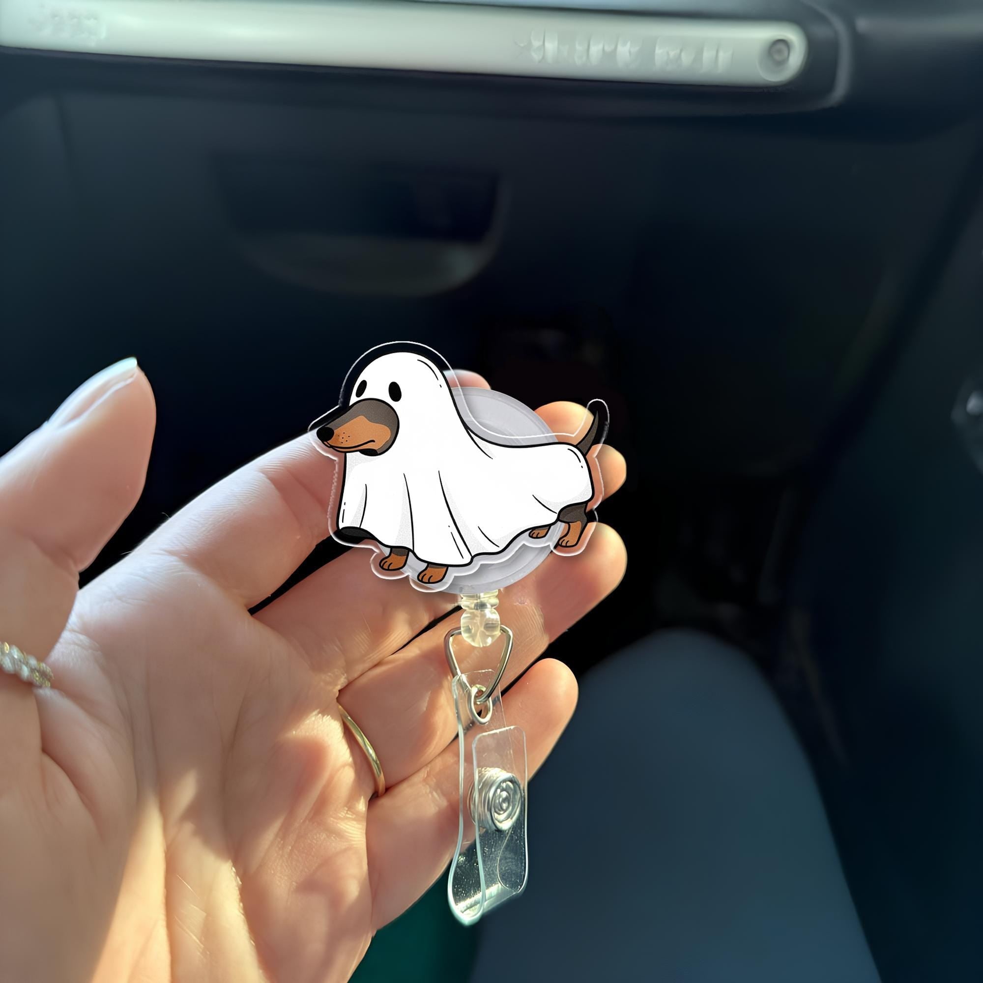 Ghost Dog Halloween Badge Reel - Cute Dachshund ID Holder for Nurses, Vet Techs, Teachers - Spooky Retractable Badge Clip Gift