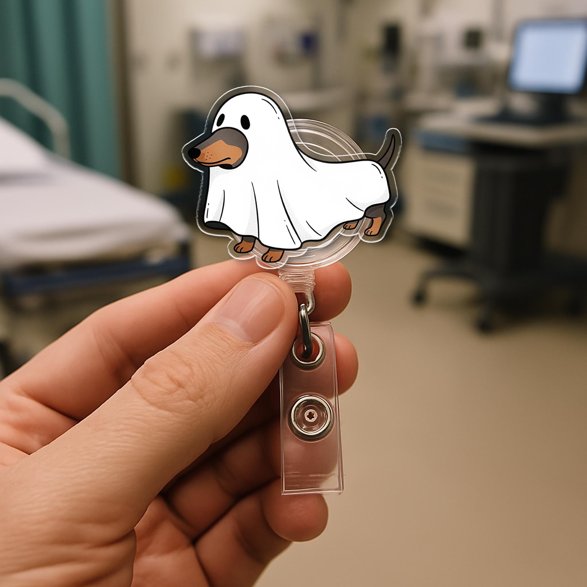 Ghost Dog Halloween Badge Reel - Cute Dachshund ID Holder for Nurses, Vet Techs, Teachers - Spooky Retractable Badge Clip Gift