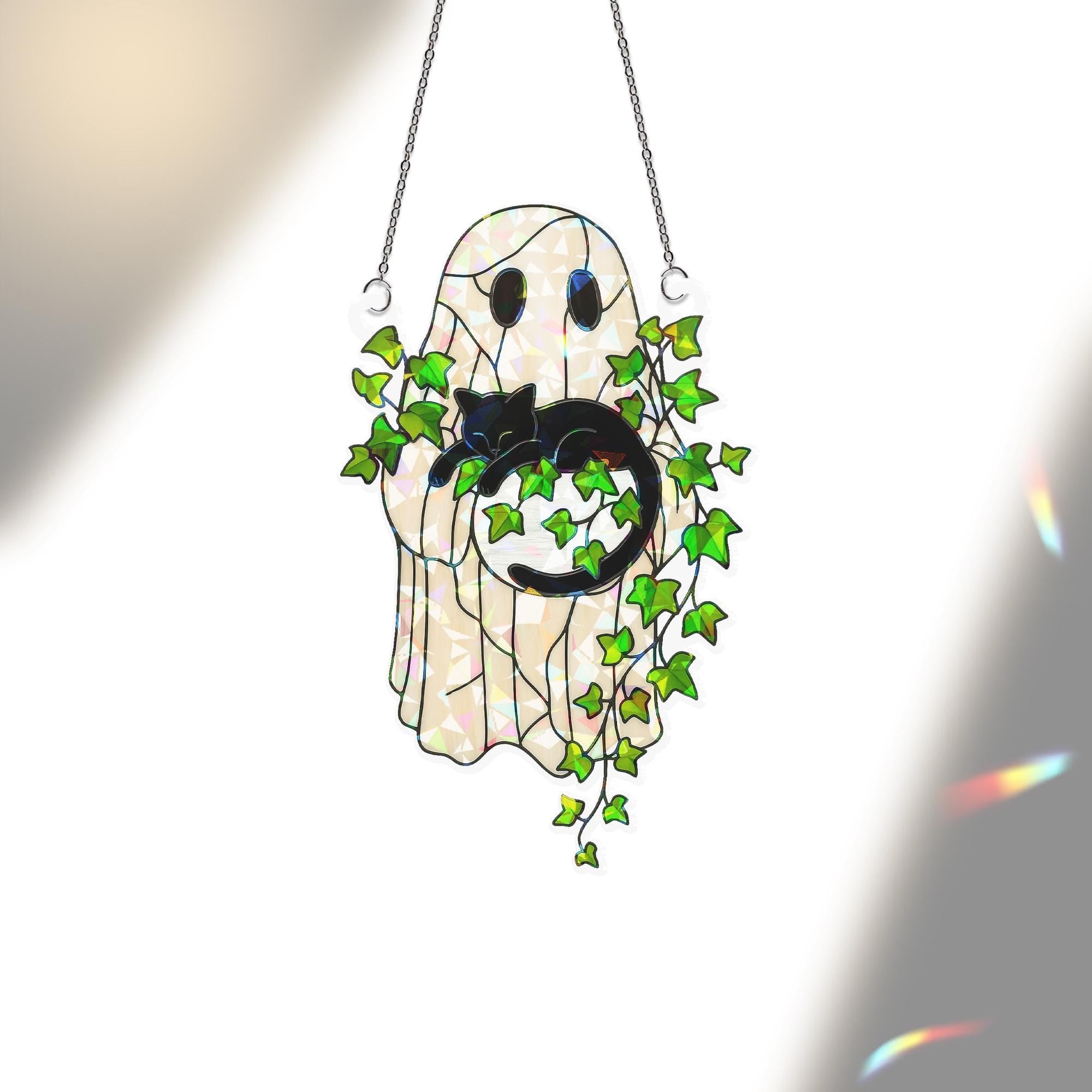Ghost Holding Black Cat Sleeping on Ivy Hologram Ornament, Cat ACRYLIC Window Hanging, Plant Lover Gift, Ivy Plants, Cat Decor, Gift For Mom