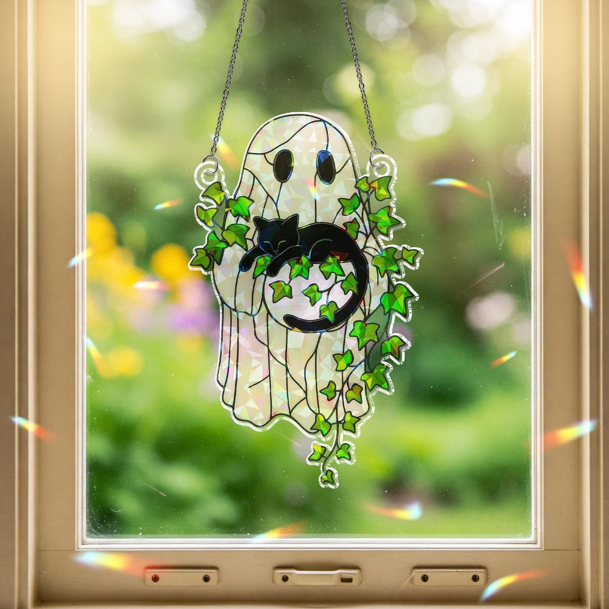 Ghost Holding Black Cat Sleeping on Ivy Hologram Ornament, Cat ACRYLIC Window Hanging, Plant Lover Gift, Ivy Plants, Cat Decor, Gift For Mom