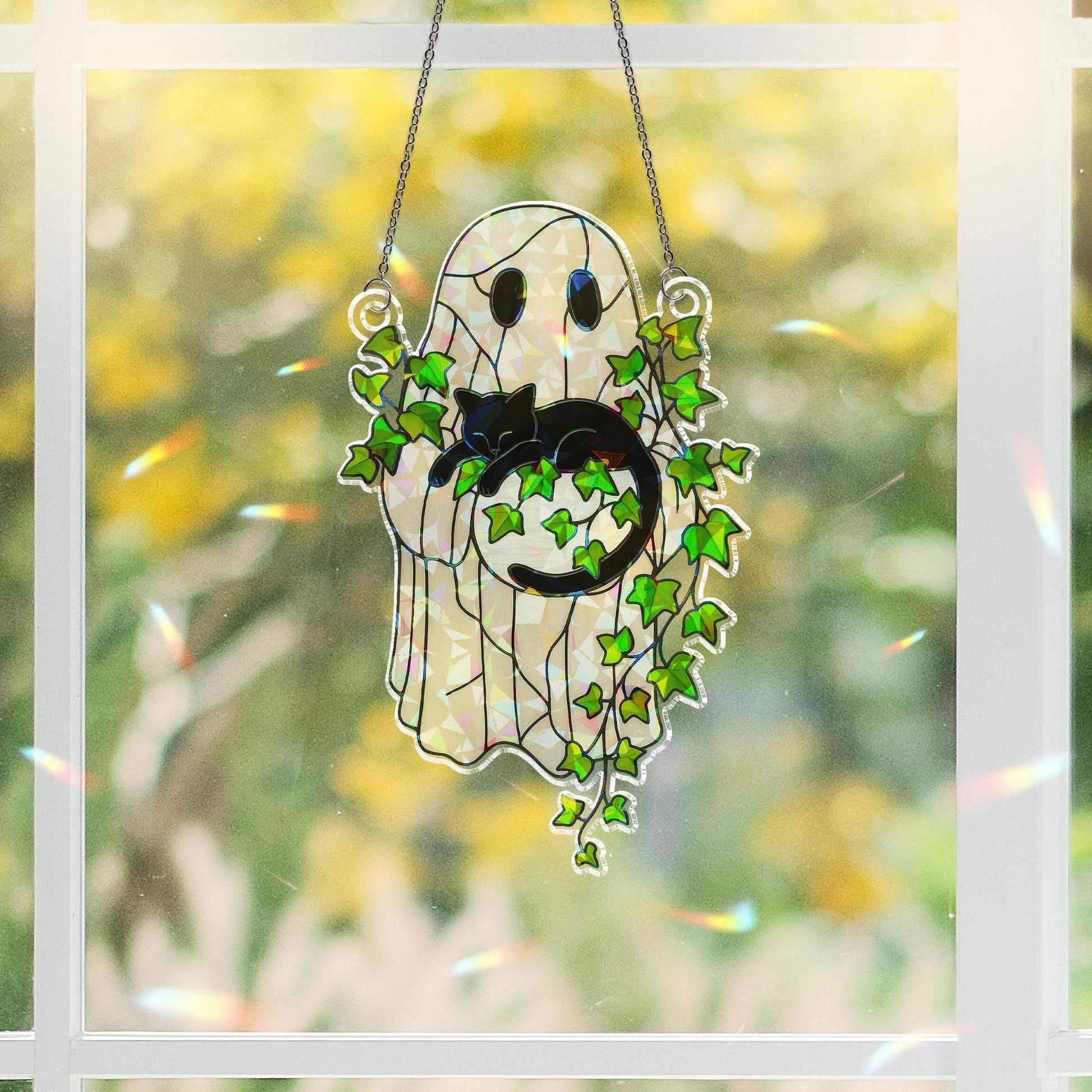 Ghost Holding Black Cat Sleeping on Ivy Hologram Ornament, Cat ACRYLIC Window Hanging, Plant Lover Gift, Ivy Plants, Cat Decor, Gift For Mom