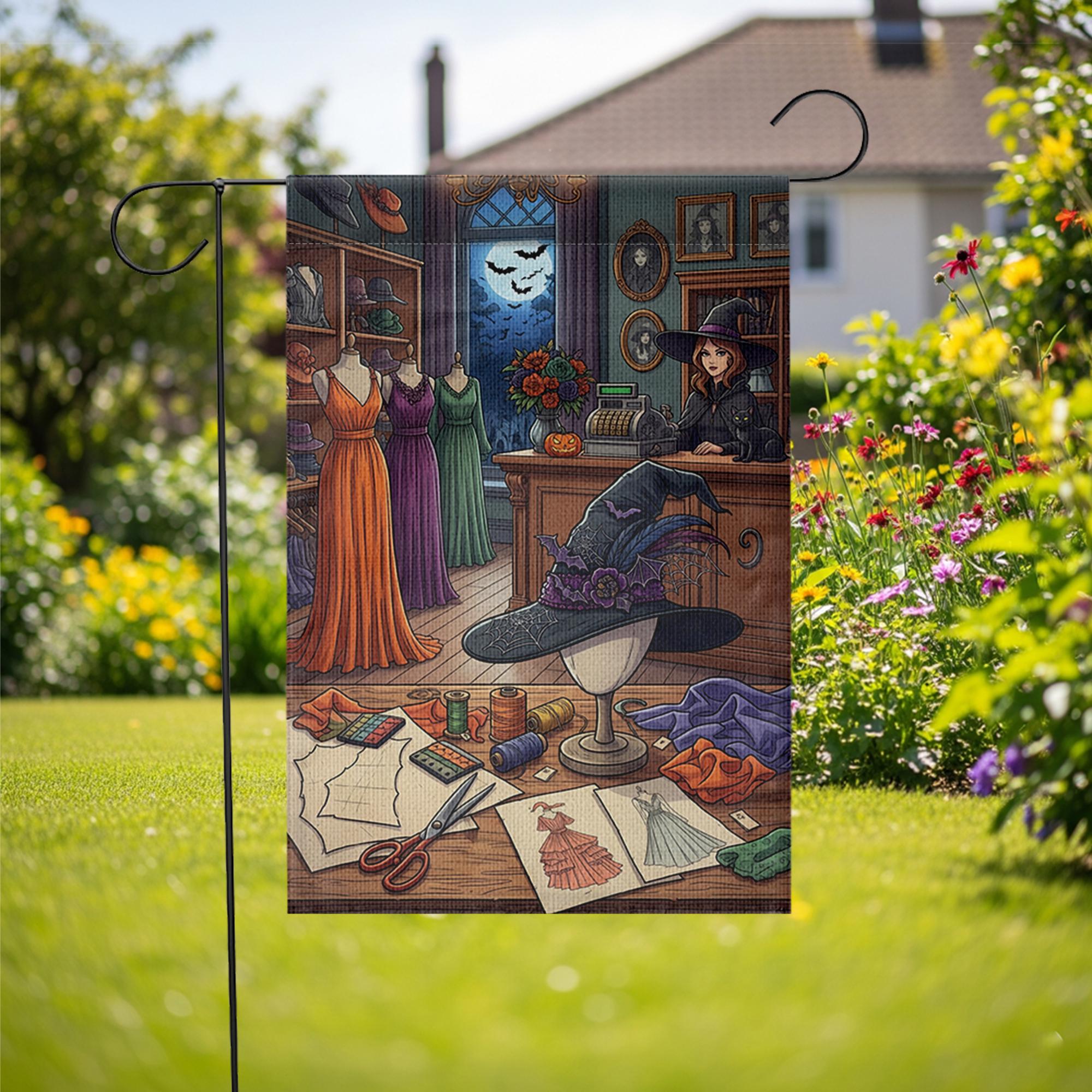 Witch Sewing Room Halloween Garden Flag, Spooky Dressmaker Yard Decor, Witch Hat and Dresses Fall Porch Decoration