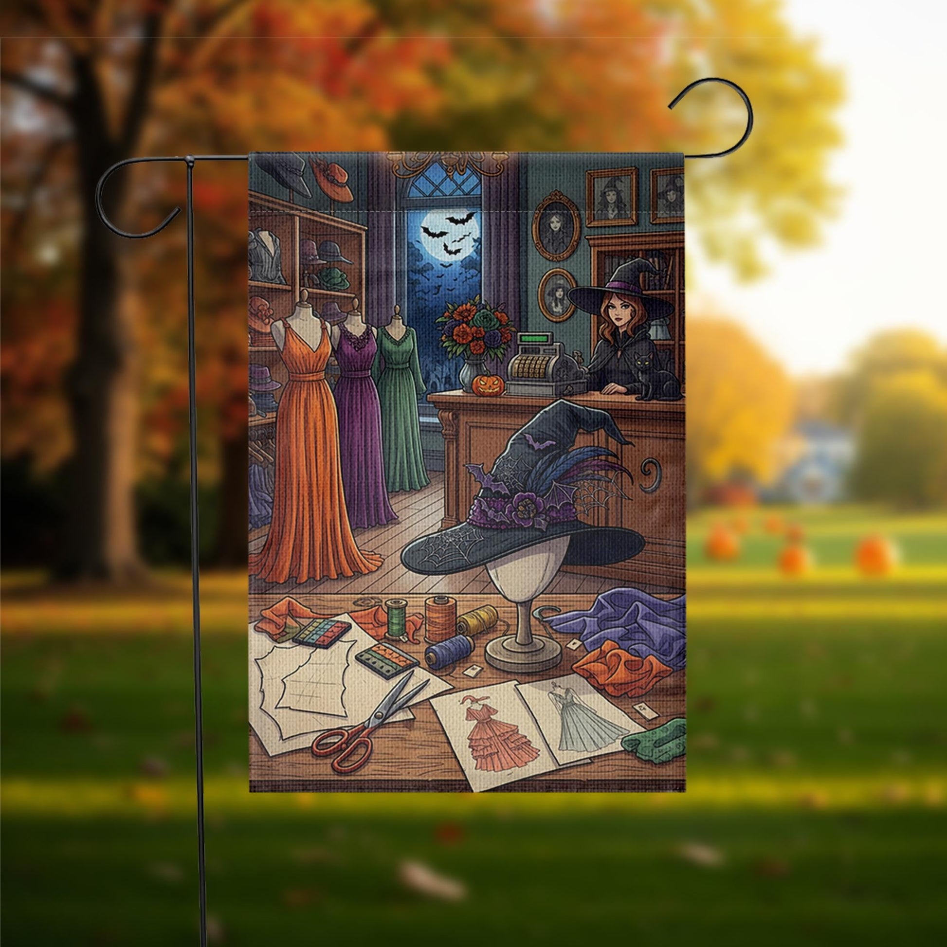 Witch Sewing Room Halloween Garden Flag, Spooky Dressmaker Yard Decor, Witch Hat and Dresses Fall Porch Decoration