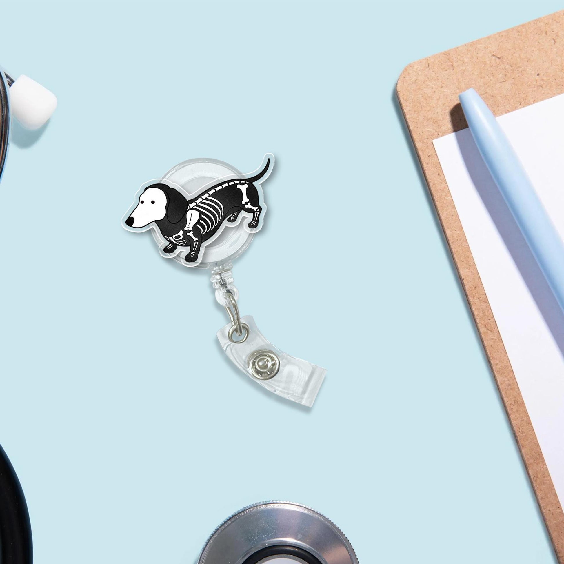 Skeleton Dog Badge Reel - Halloween Dachshund ID Holder - Spooky Cute Retractable Badge Clip for Nurses, Vet Techs, Dog Lovers