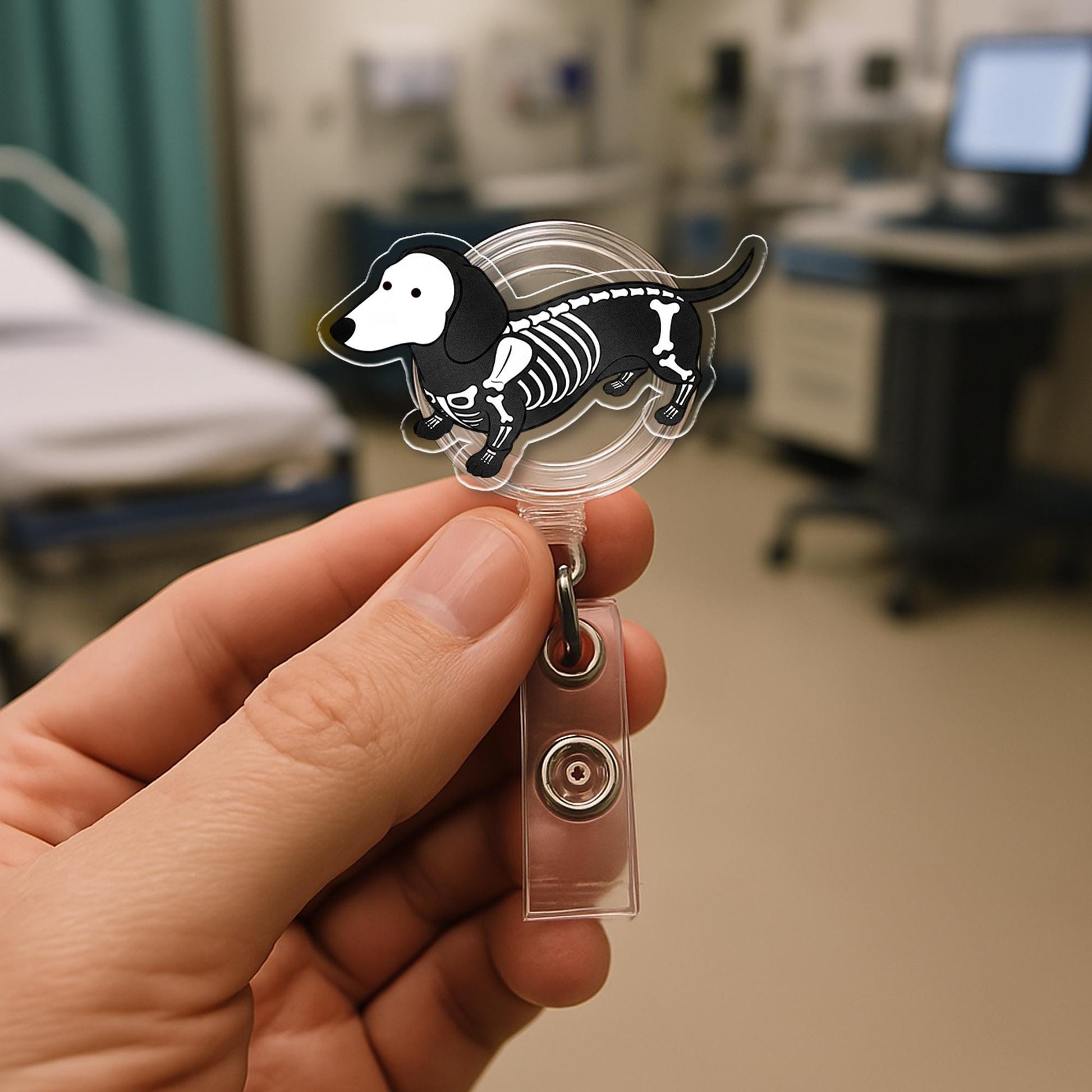 Skeleton Dog Badge Reel - Halloween Dachshund ID Holder - Spooky Cute Retractable Badge Clip for Nurses, Vet Techs, Dog Lovers