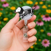 Skeleton Dog Badge Reel - Halloween Dachshund ID Holder - Spooky Cute Retractable Badge Clip for Nurses, Vet Techs, Dog Lovers