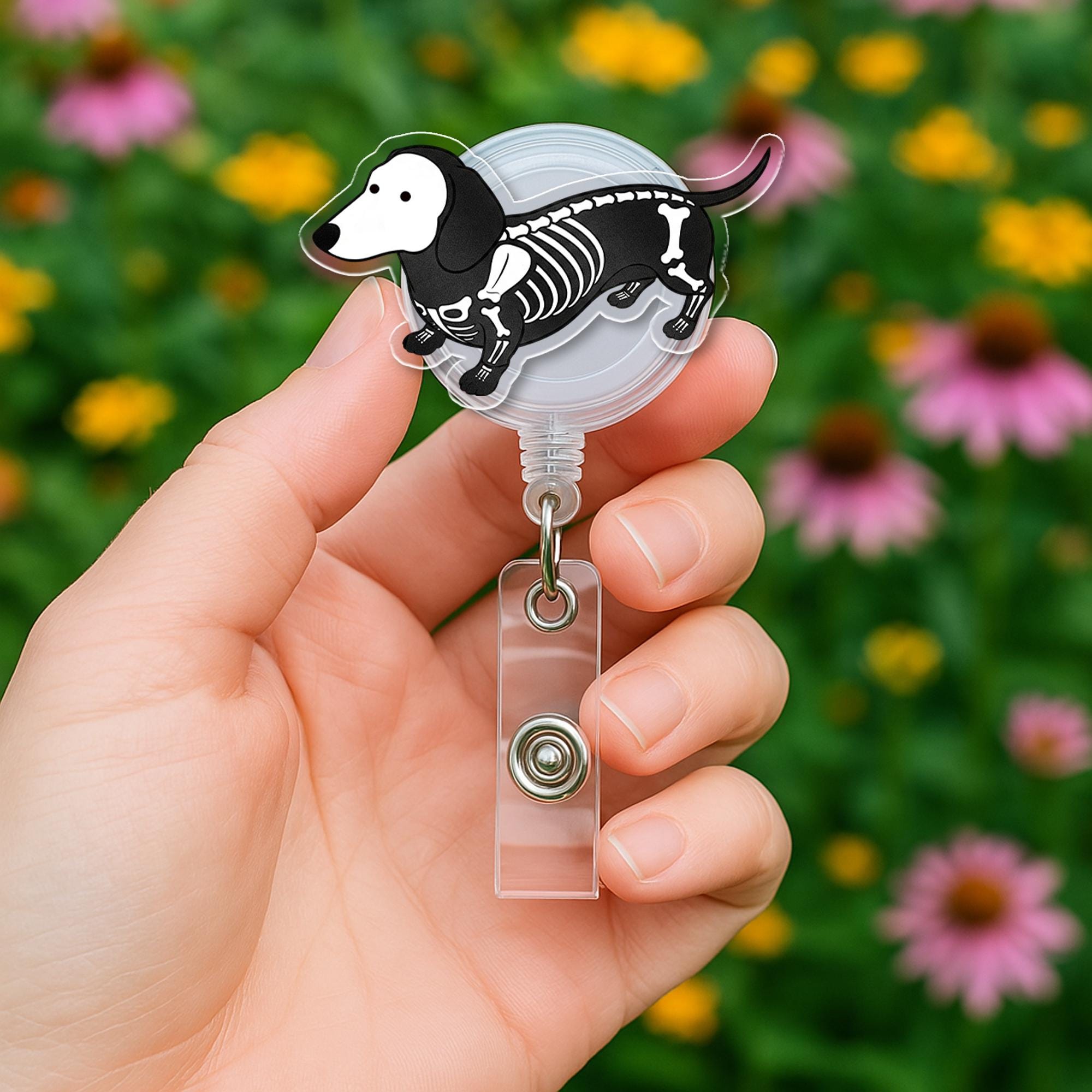 Skeleton Dog Badge Reel - Halloween Dachshund ID Holder - Spooky Cute Retractable Badge Clip for Nurses, Vet Techs, Dog Lovers