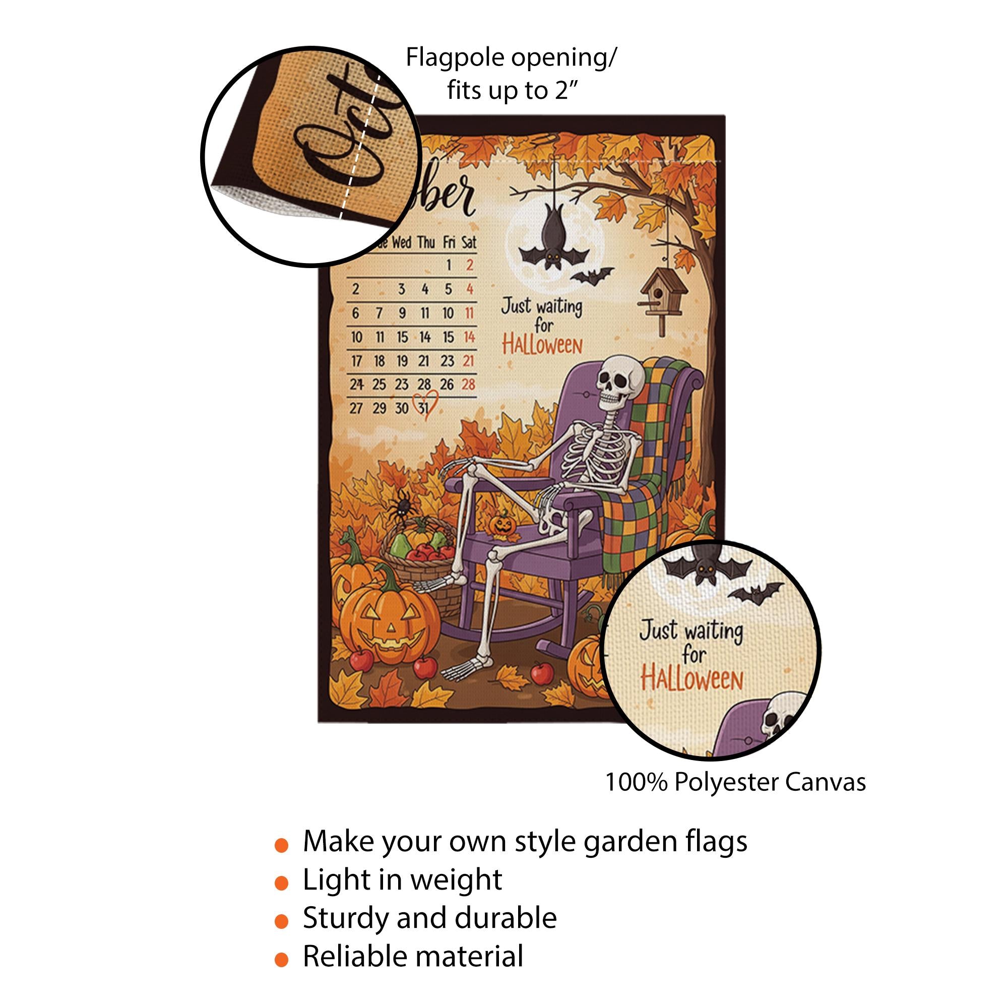 Halloween Countdown Garden Flag, October Calendar Skeleton Yard Decor, Spooky Fall Porch Decoration, Just Waiting for Halloween Outdoor Flag