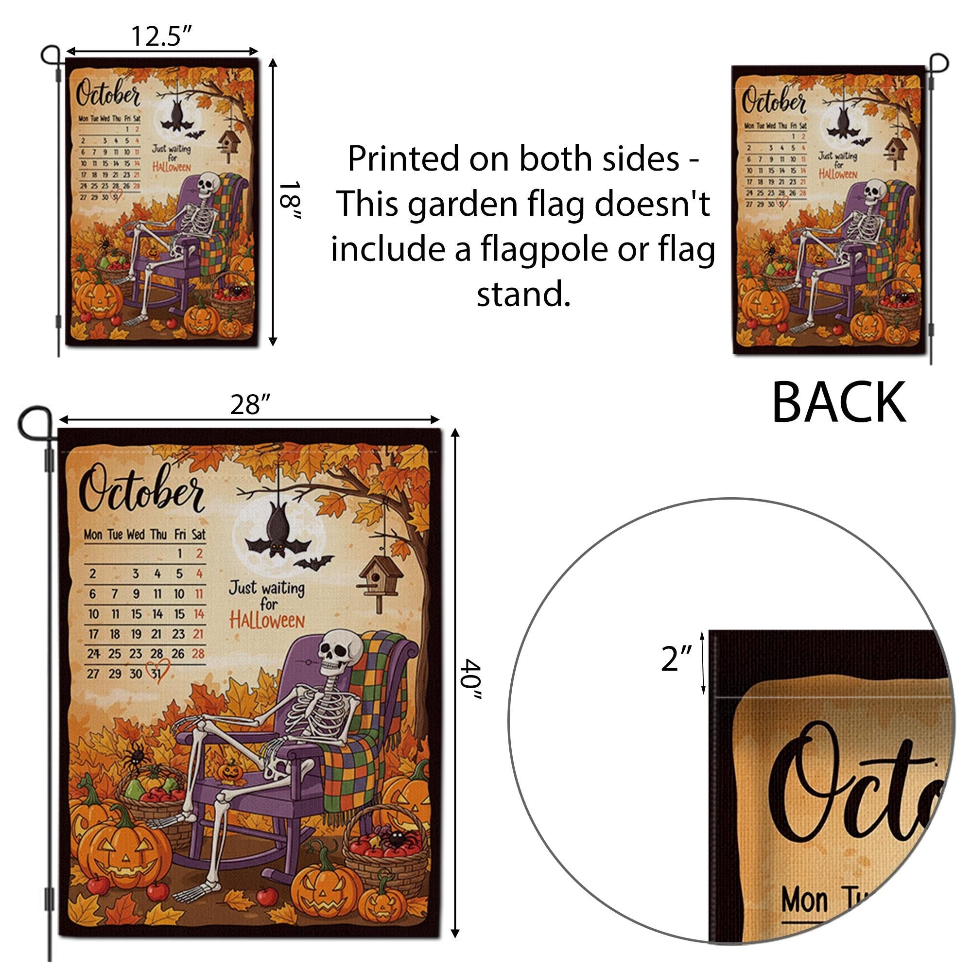 Halloween Countdown Garden Flag, October Calendar Skeleton Yard Decor, Spooky Fall Porch Decoration, Just Waiting for Halloween Outdoor Flag