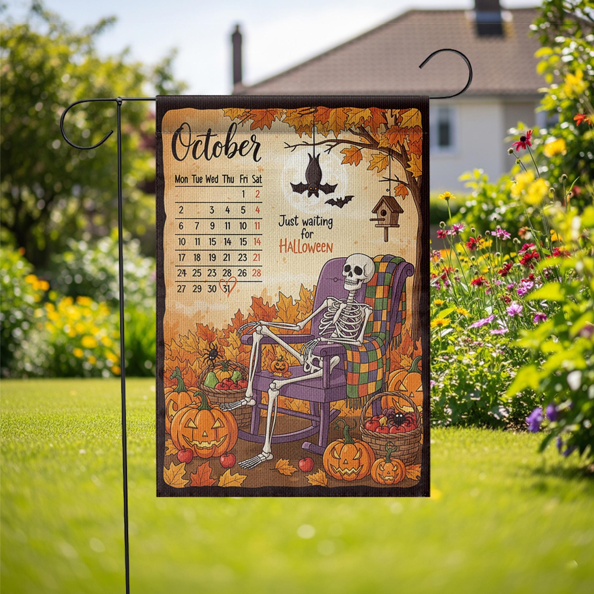 Halloween Countdown Garden Flag, October Calendar Skeleton Yard Decor, Spooky Fall Porch Decoration, Just Waiting for Halloween Outdoor Flag