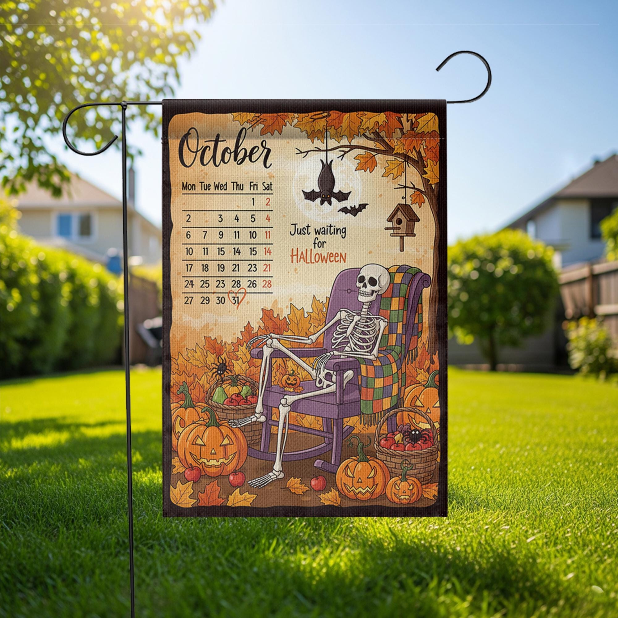 Halloween Countdown Garden Flag, October Calendar Skeleton Yard Decor, Spooky Fall Porch Decoration, Just Waiting for Halloween Outdoor Flag