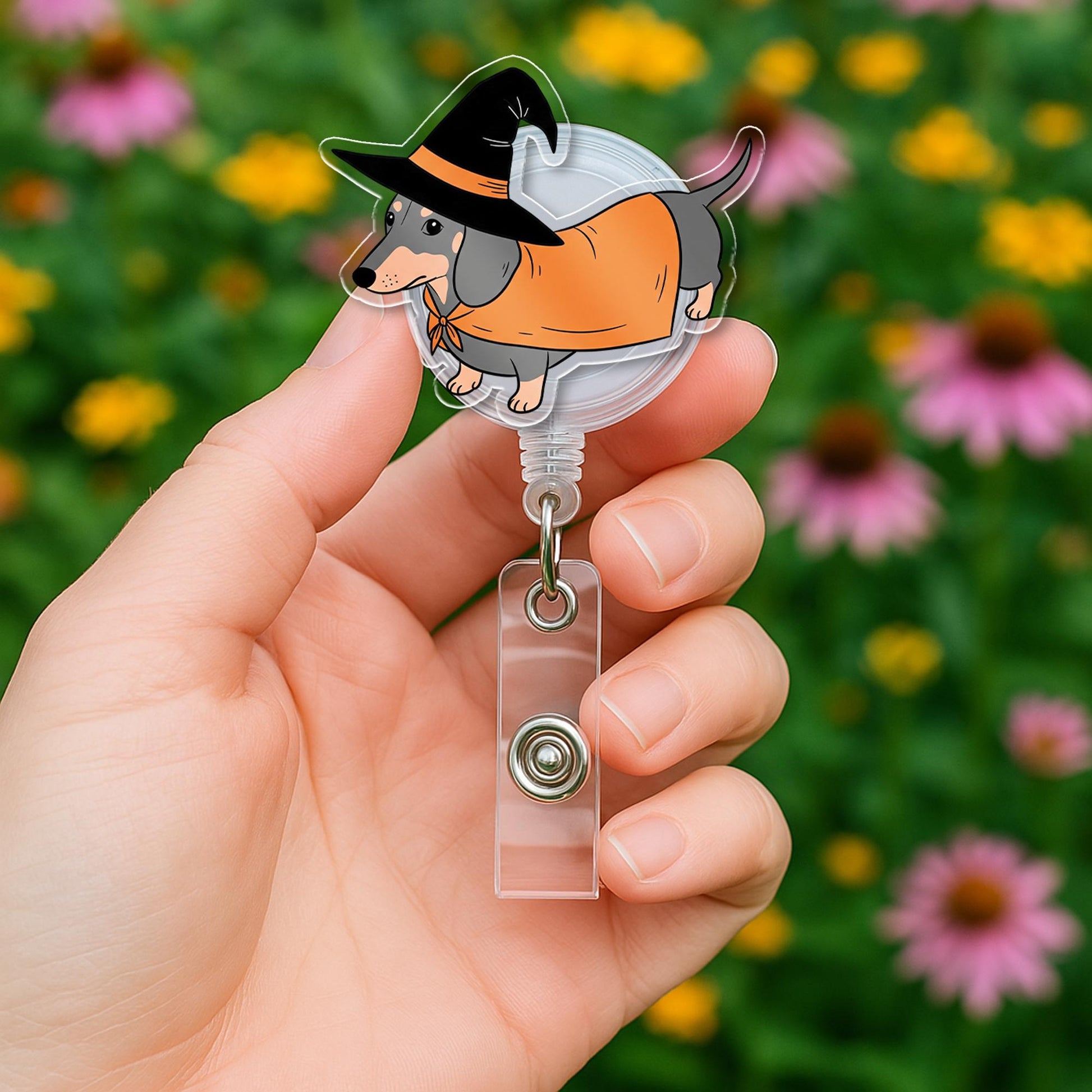 Witch Dachshund Halloween Badge Reel - Cute Dog ID Holder - Spooky Retractable Badge Clip for Nurses, Teachers, Vet Tech Gifts
