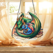 Sleeping Dragon Faux Stained Glass Suncatcher - Fantasy Window Hanging with Books - Whimsical Home Decor Gift for Book & Dragon Lovers