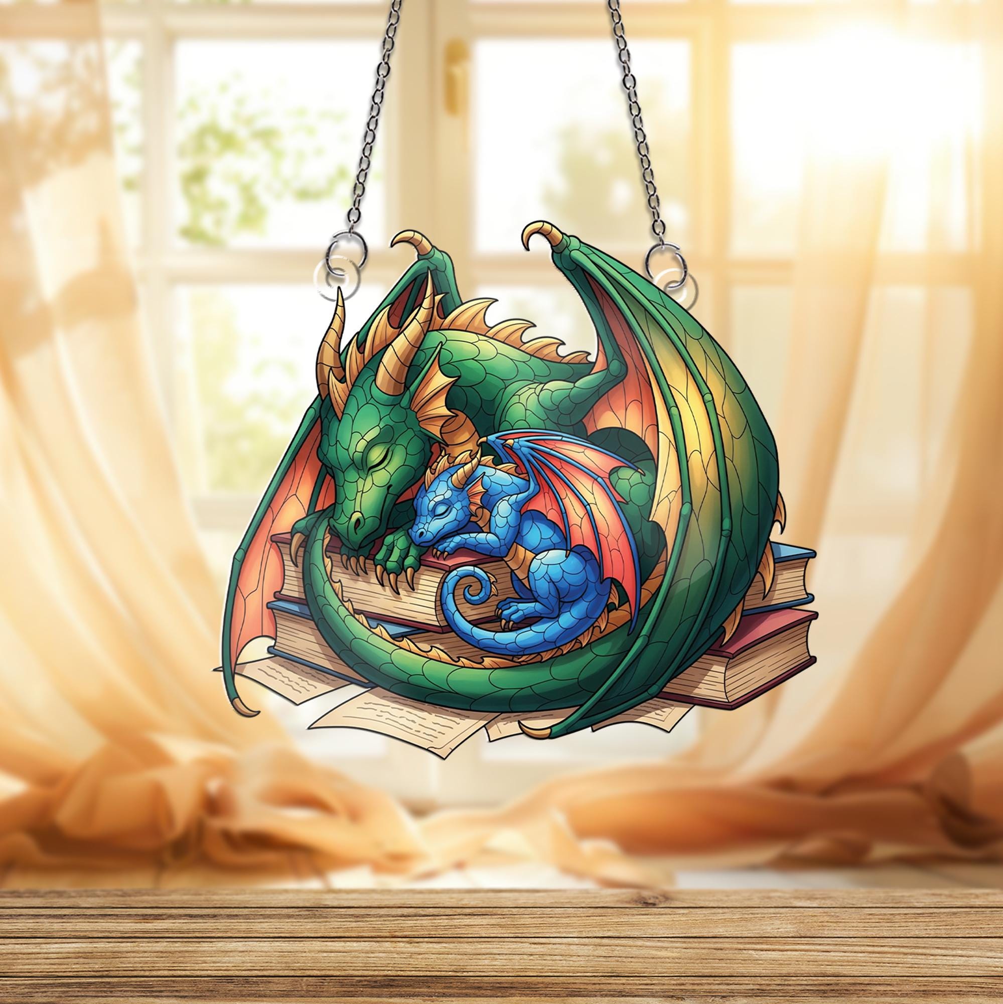 Sleeping Dragon Faux Stained Glass Suncatcher - Fantasy Window Hanging with Books - Whimsical Home Decor Gift for Book & Dragon Lovers