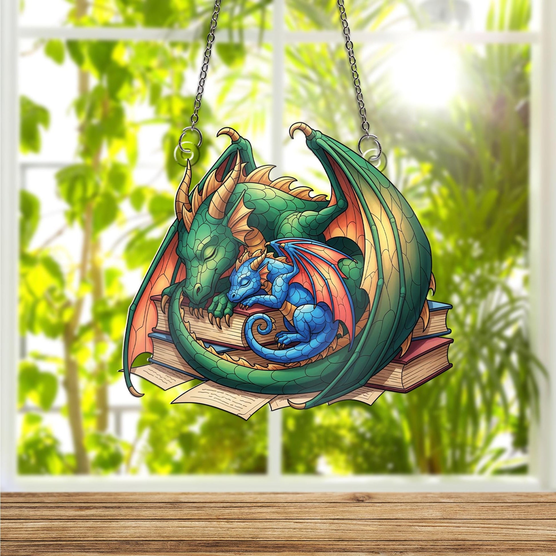 Sleeping Dragon Faux Stained Glass Suncatcher - Fantasy Window Hanging with Books - Whimsical Home Decor Gift for Book & Dragon Lovers