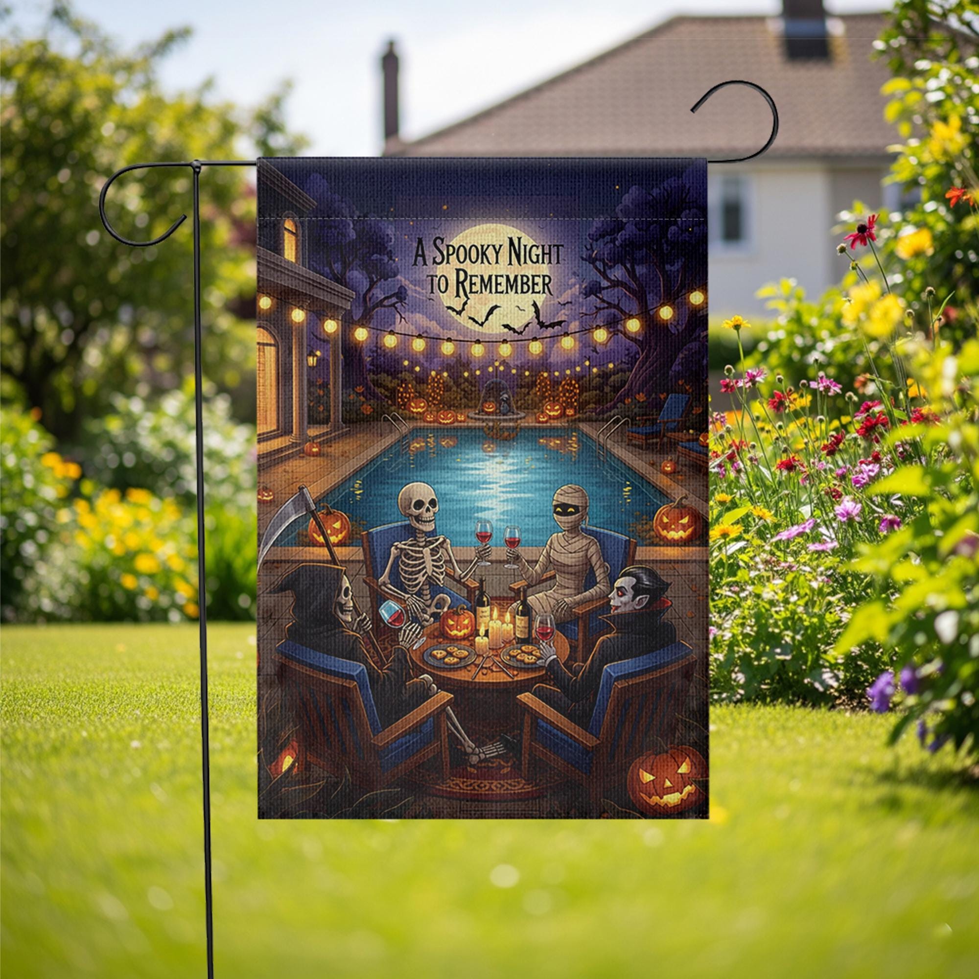 Spooky Halloween Pool Party Garden Flag, Skeleton Vampire Mummy Grim Reaper Yard Decor, A Spooky Night to Remember Fall Outdoor Banner