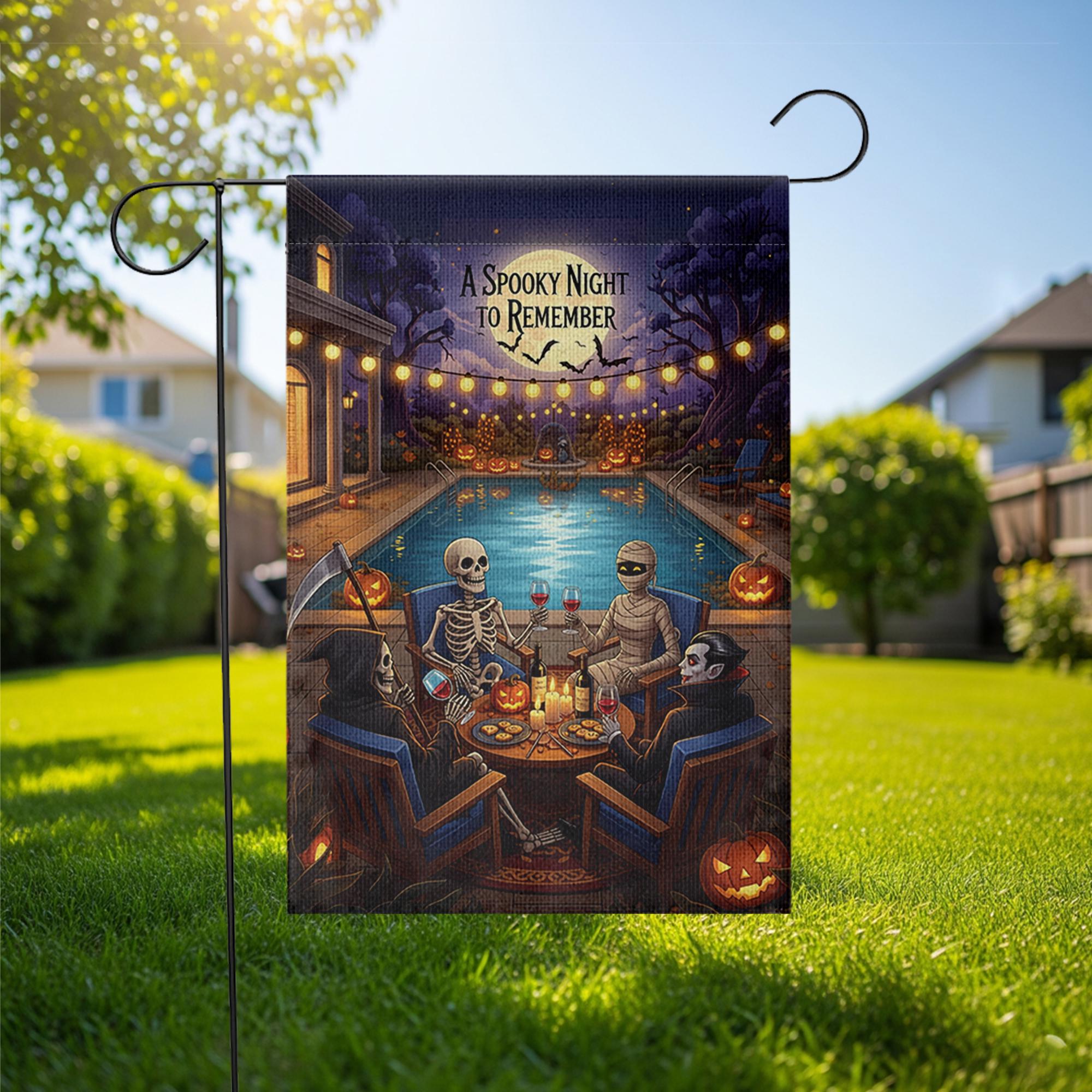 Spooky Halloween Pool Party Garden Flag, Skeleton Vampire Mummy Grim Reaper Yard Decor, A Spooky Night to Remember Fall Outdoor Banner