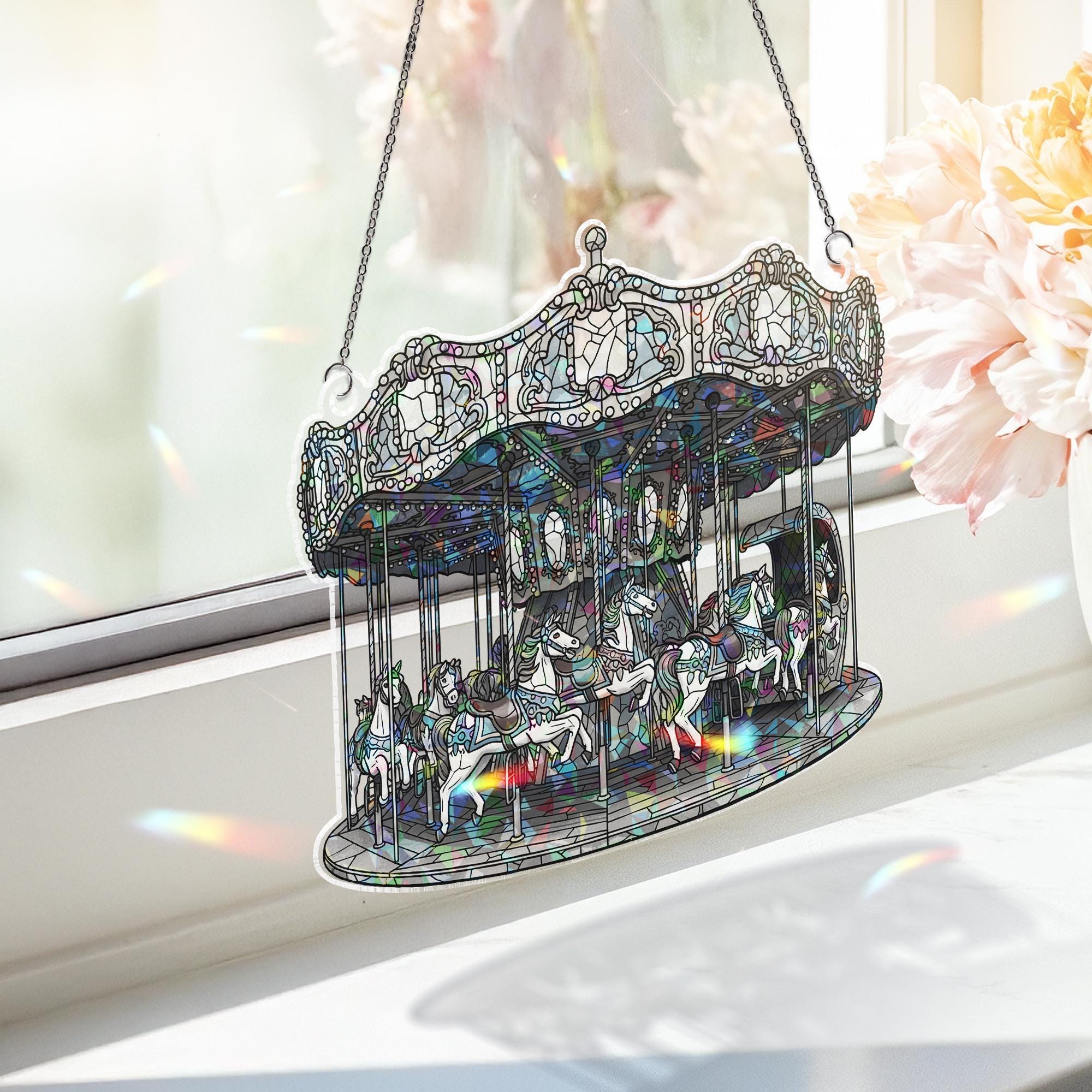 Carousel Holographic Suncatcher - Vintage Merry-Go-Round Window Hanging - Whimsical Rainbow Light Catcher for Kids Room or Gift