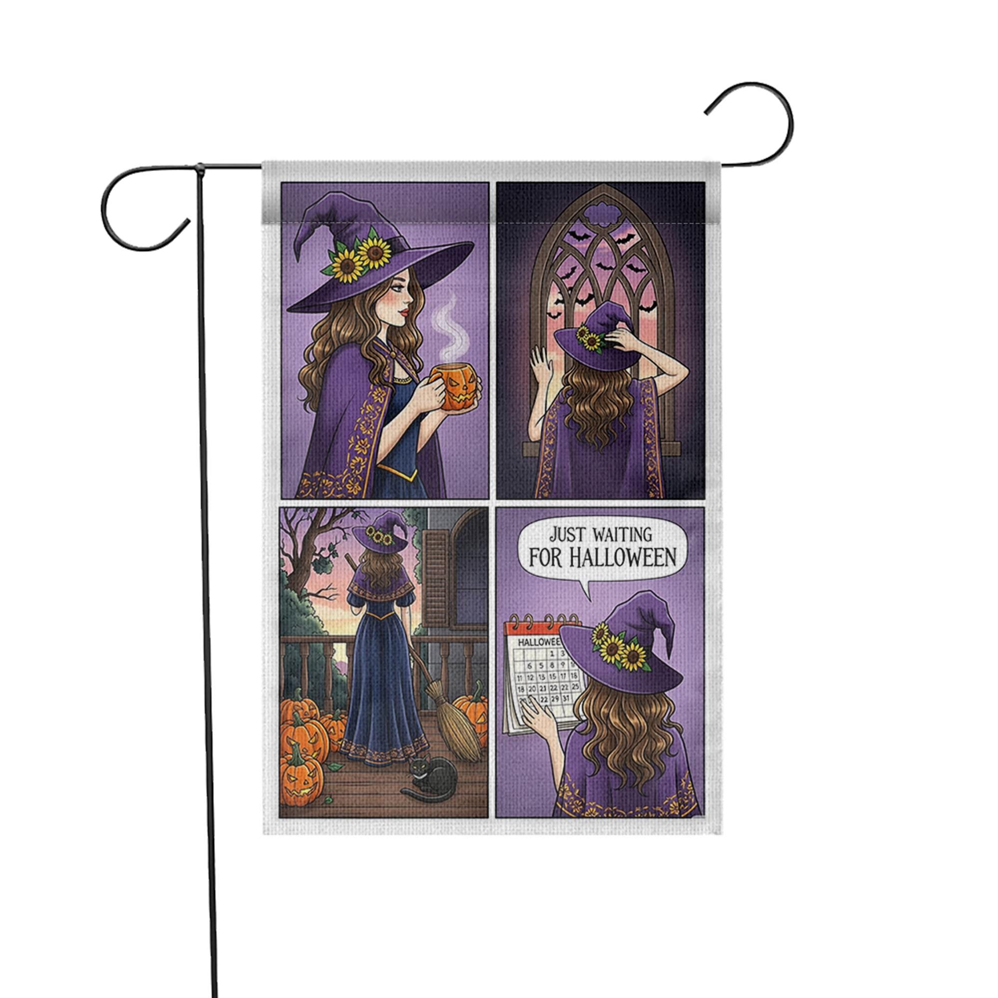 Witch Halloween Countdown Garden Flag, Just Waiting for Halloween Yard Decor, Fall Witch Porch Decoration, Cute Witch Autumn Outdoor Banner