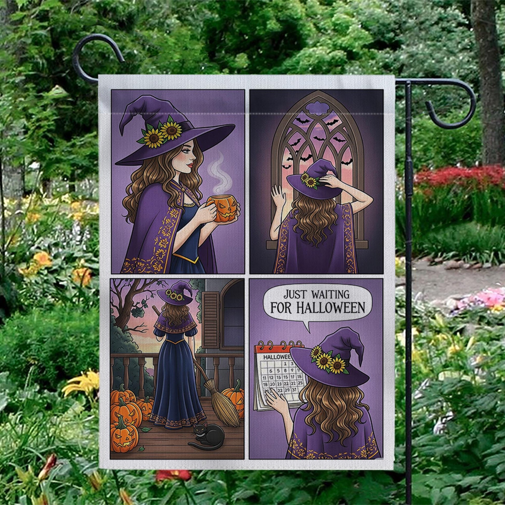 Witch Halloween Countdown Garden Flag, Just Waiting for Halloween Yard Decor, Fall Witch Porch Decoration, Cute Witch Autumn Outdoor Banner