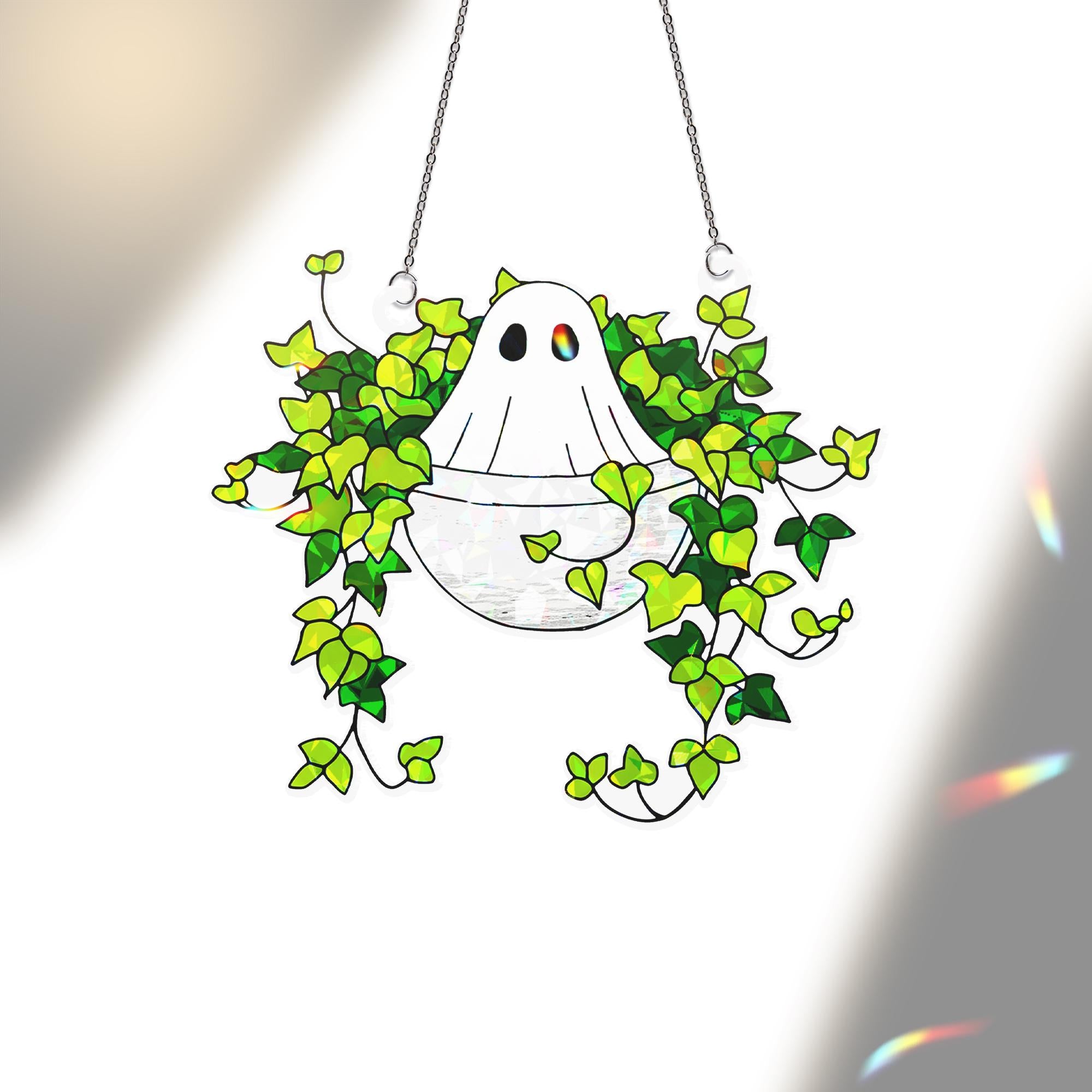 Ghost Sitting on Ivy Hologram Ornament | Ghost ACRYLIC Window Hanging | Plant Lover Gift, Ivy Plants Decor, Cozy Cat Decor, Halloween Decor