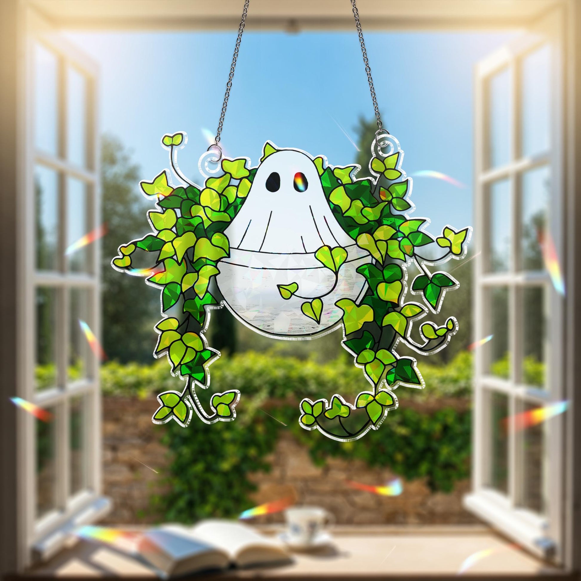 Ghost Sitting on Ivy Hologram Ornament | Ghost ACRYLIC Window Hanging | Plant Lover Gift, Ivy Plants Decor, Cozy Cat Decor, Halloween Decor