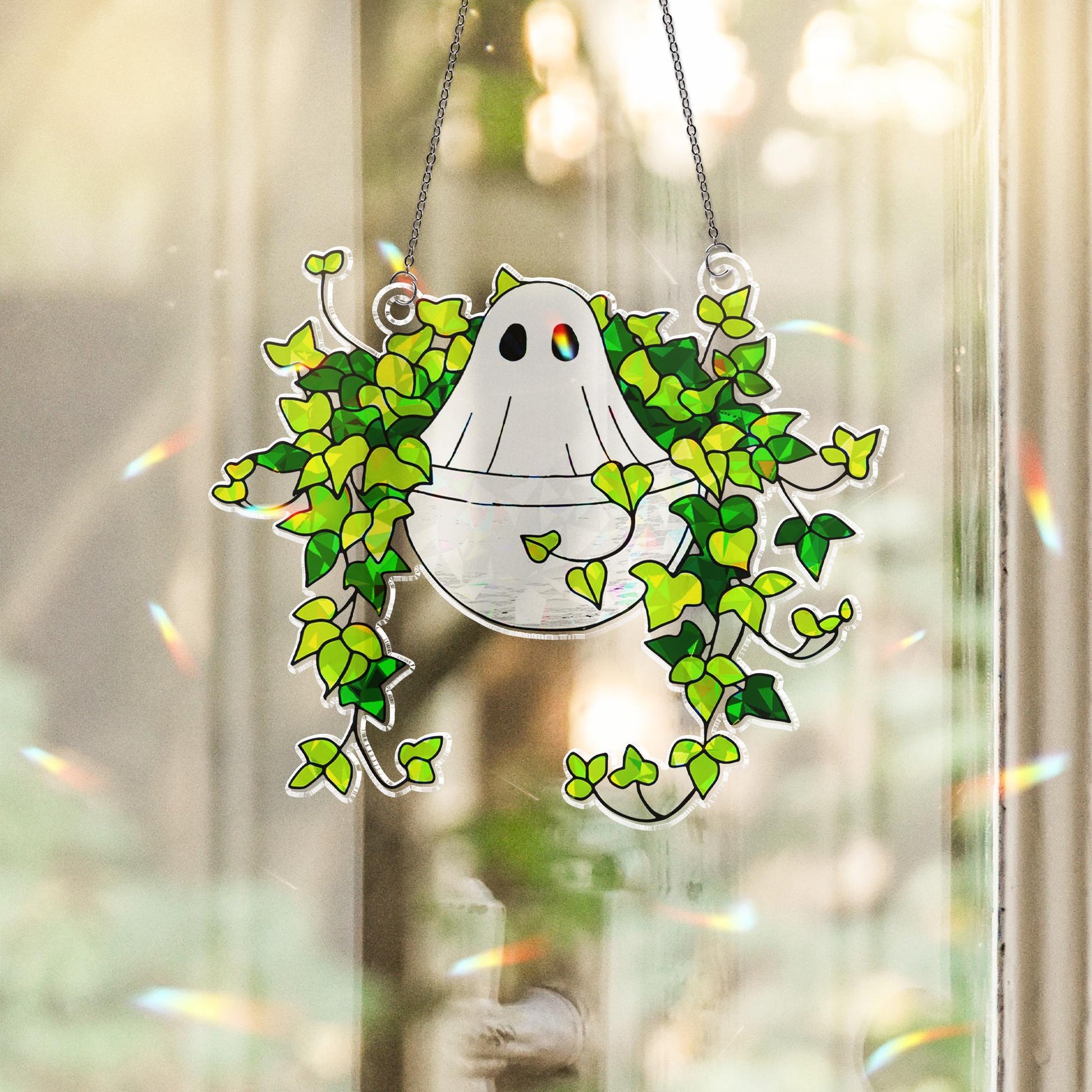 Ghost Sitting on Ivy Hologram Ornament | Ghost ACRYLIC Window Hanging | Plant Lover Gift, Ivy Plants Decor, Cozy Cat Decor, Halloween Decor
